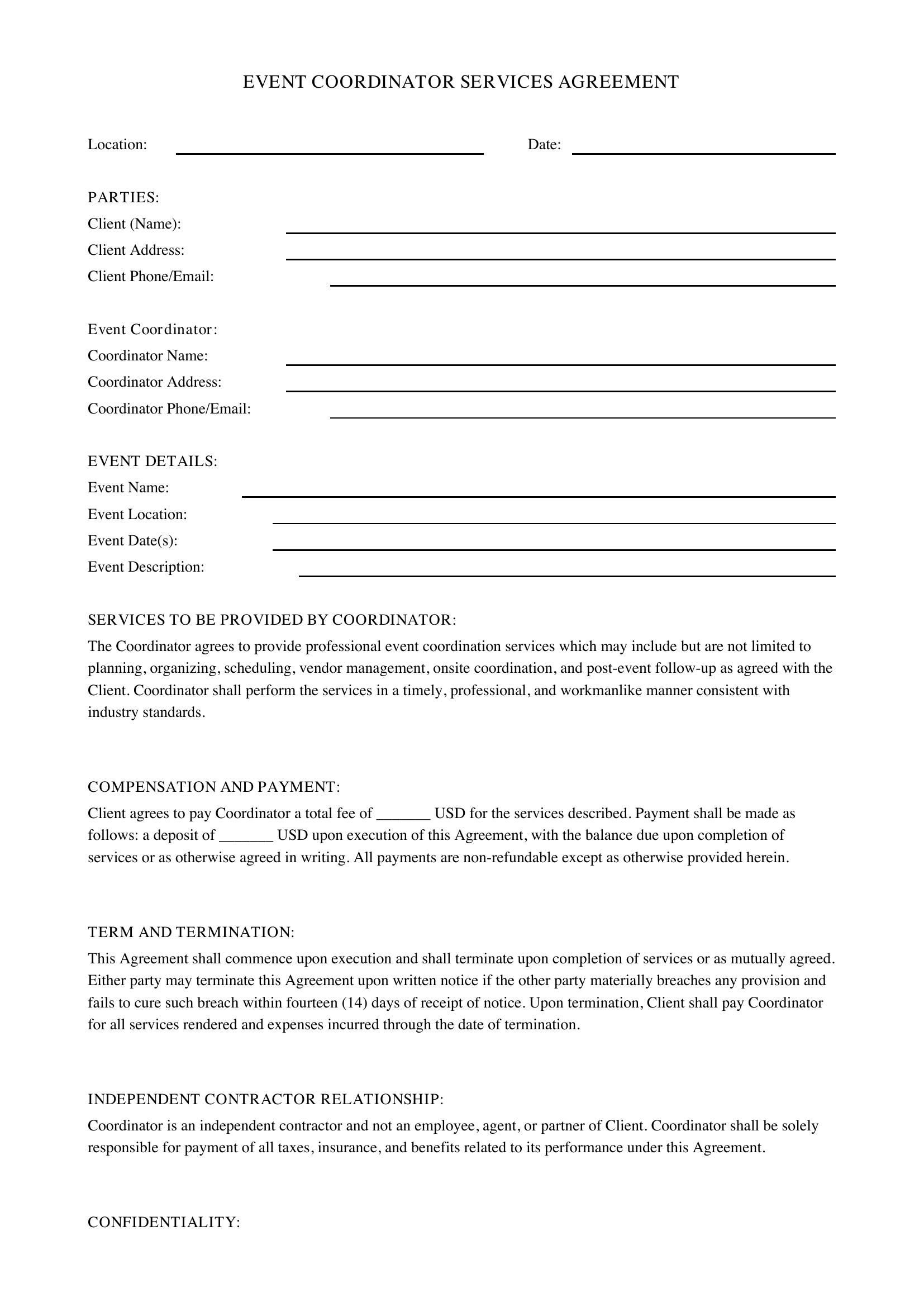 Event Coordinator Contract Template - US