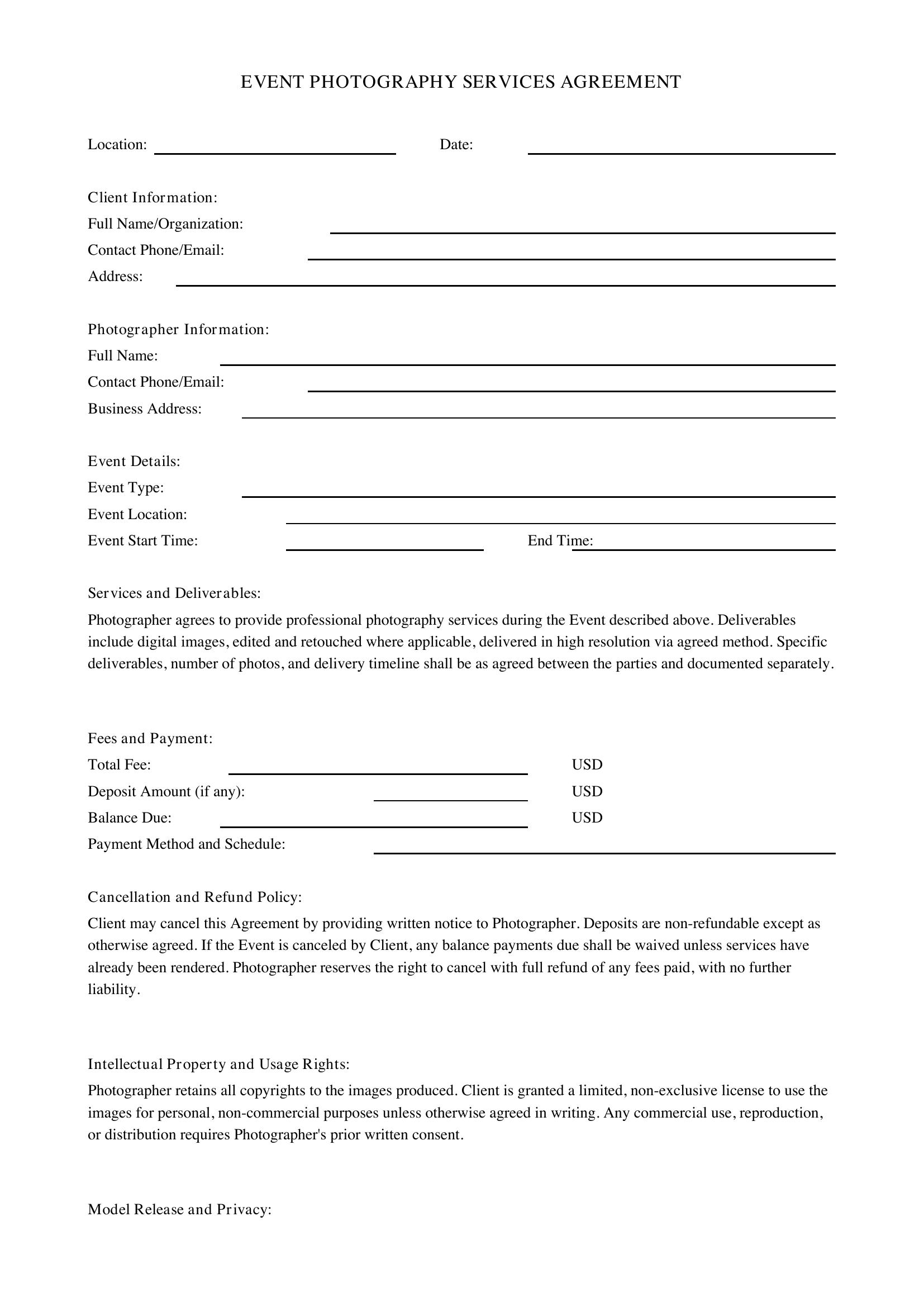 Event Photography Contract Template - US