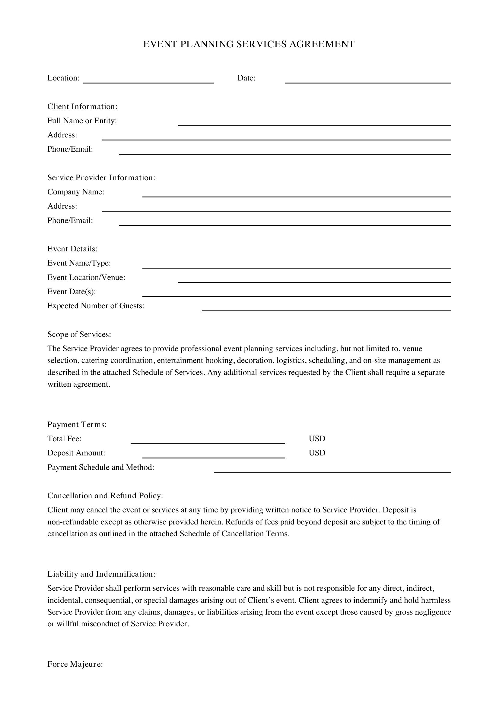Event Planning Contract Template - US