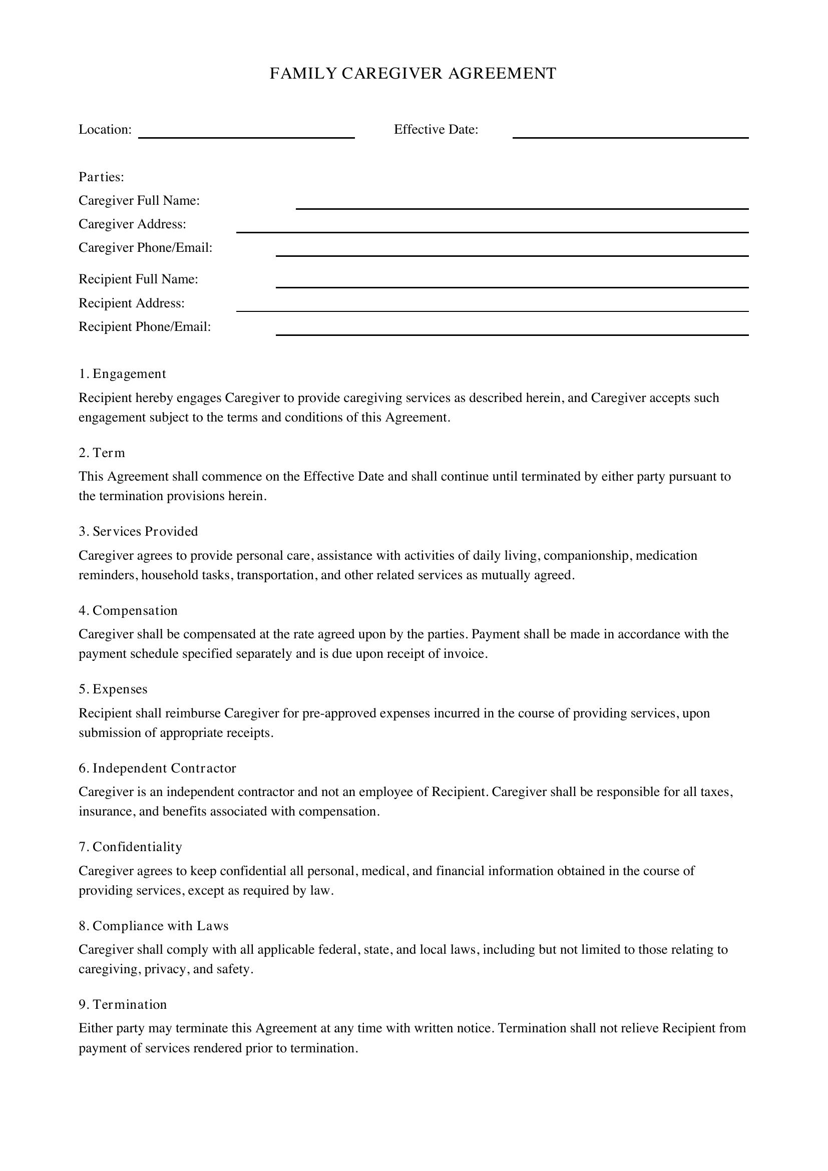 Family Caregiver Contract Template - US