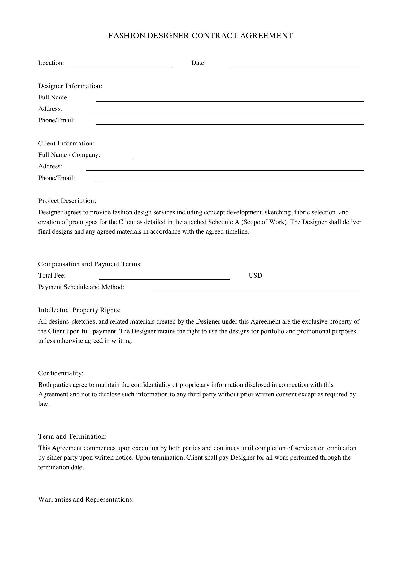 Fashion Designer Contract Template - US
