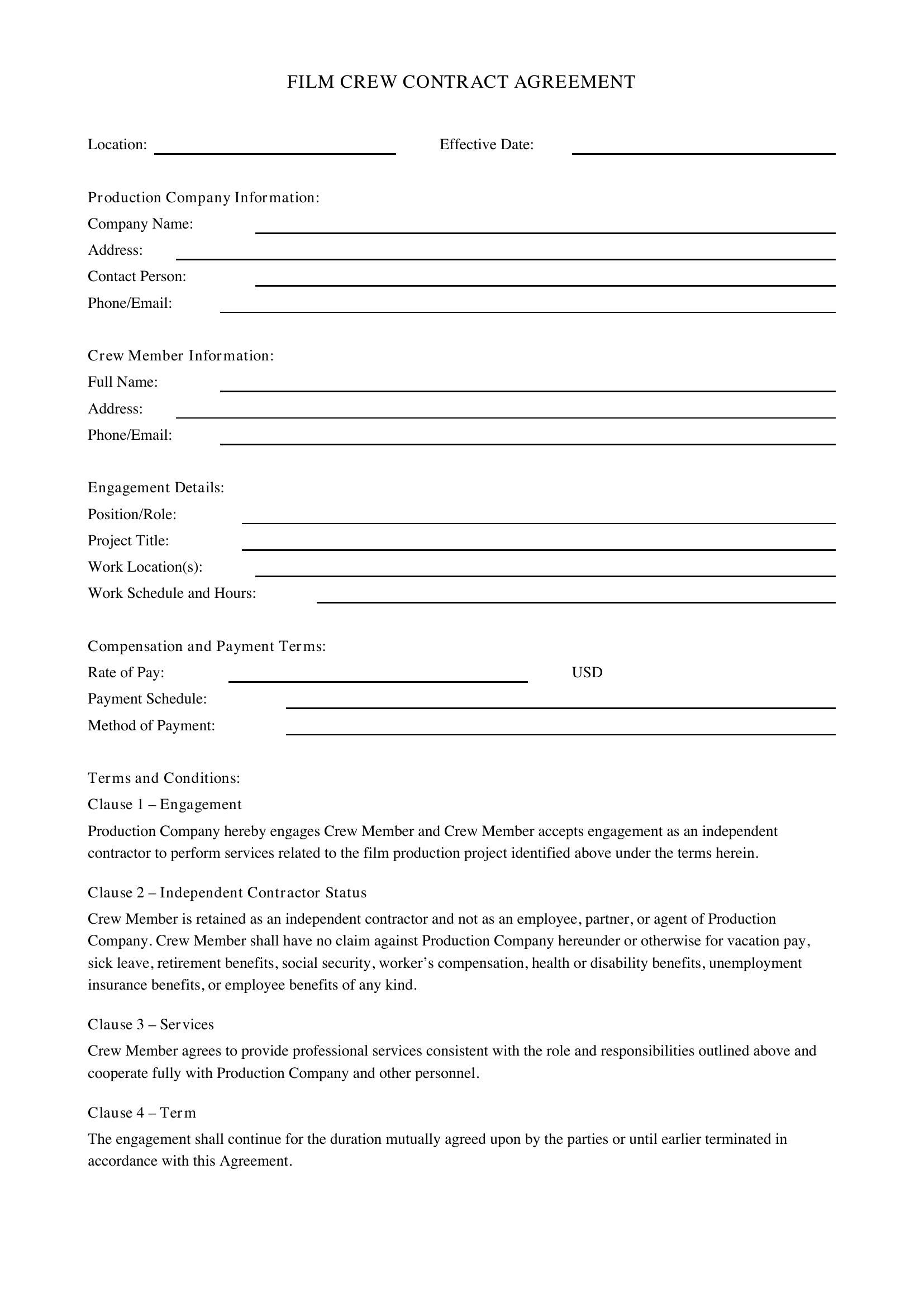 Film Crew Contract Template - US