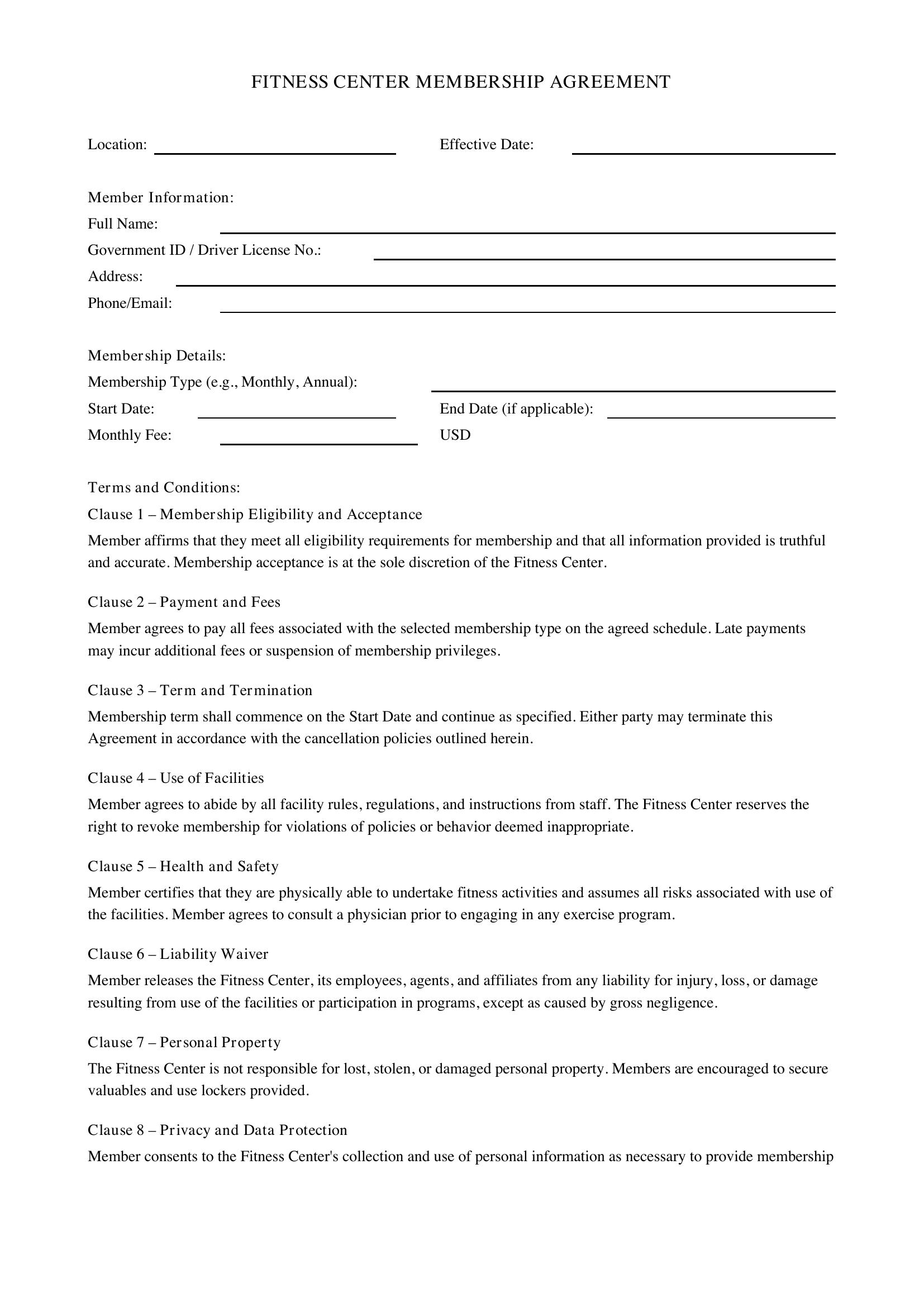 Fitness Contract Template - US
