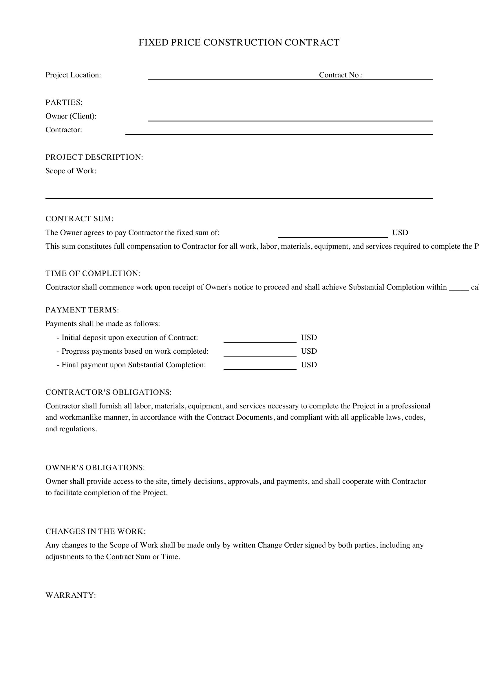 Fixed Price Construction Contract Template - US