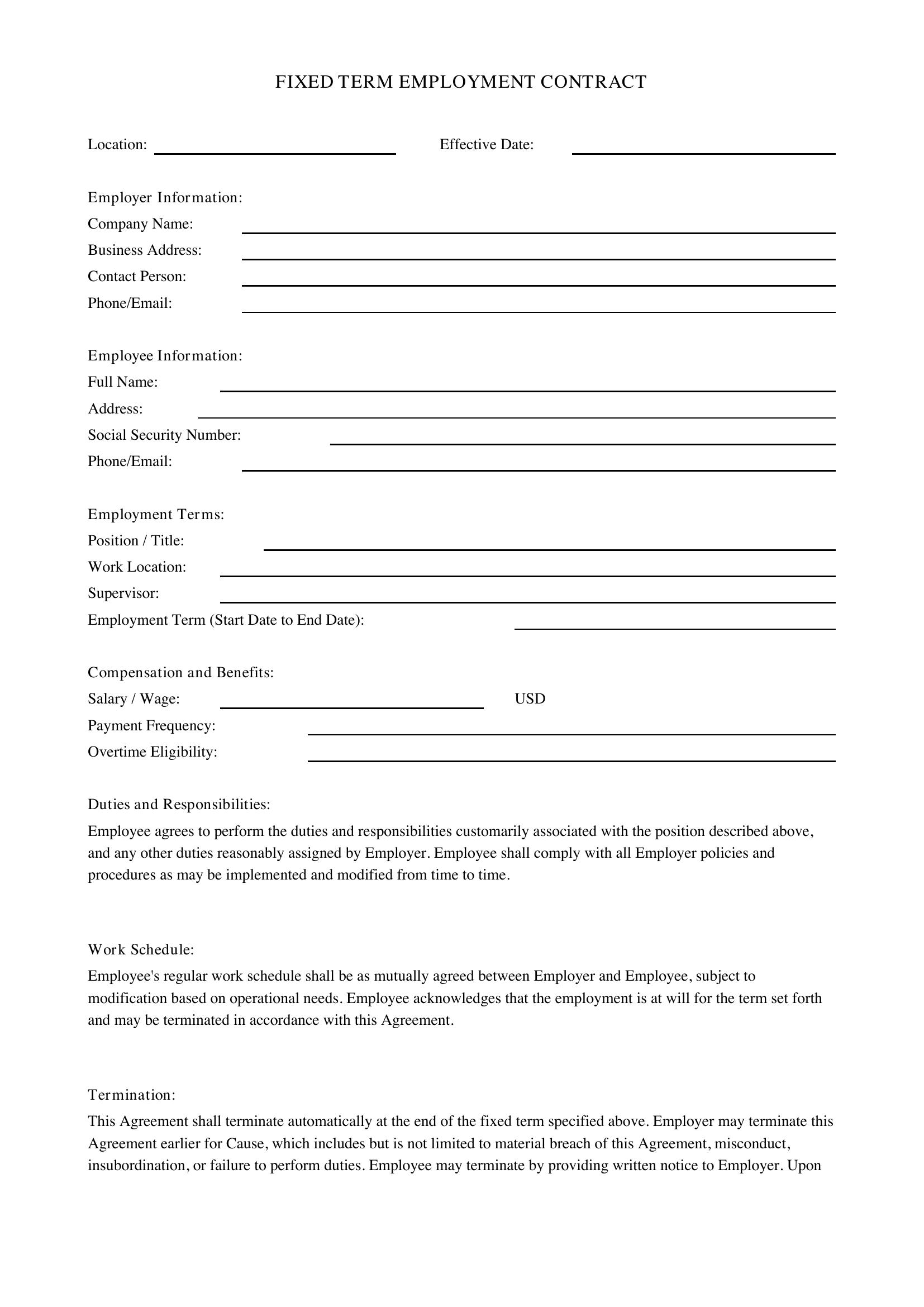 Fixed Term Employment Contract Template - US