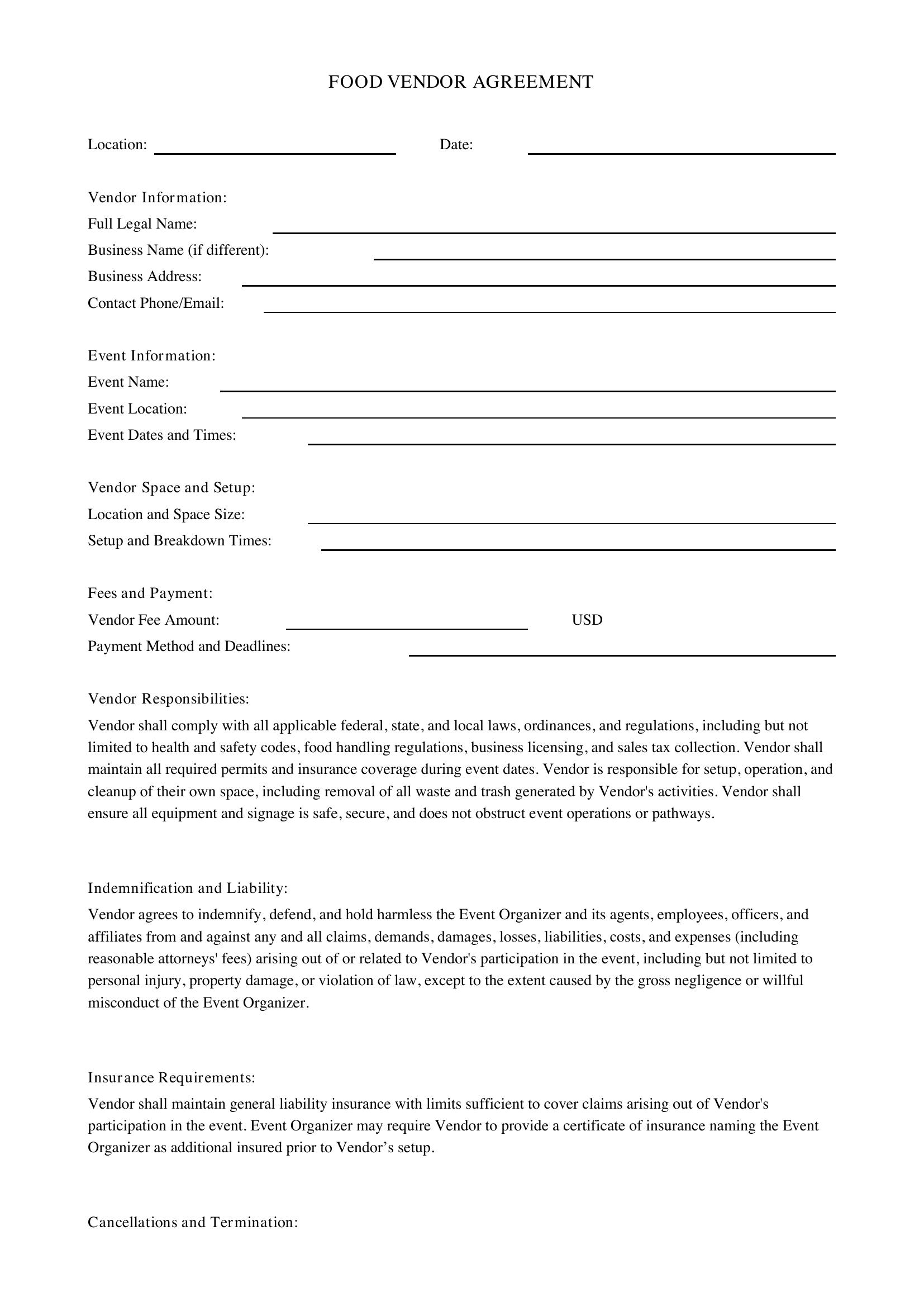 Food Vendor Contract Template - US