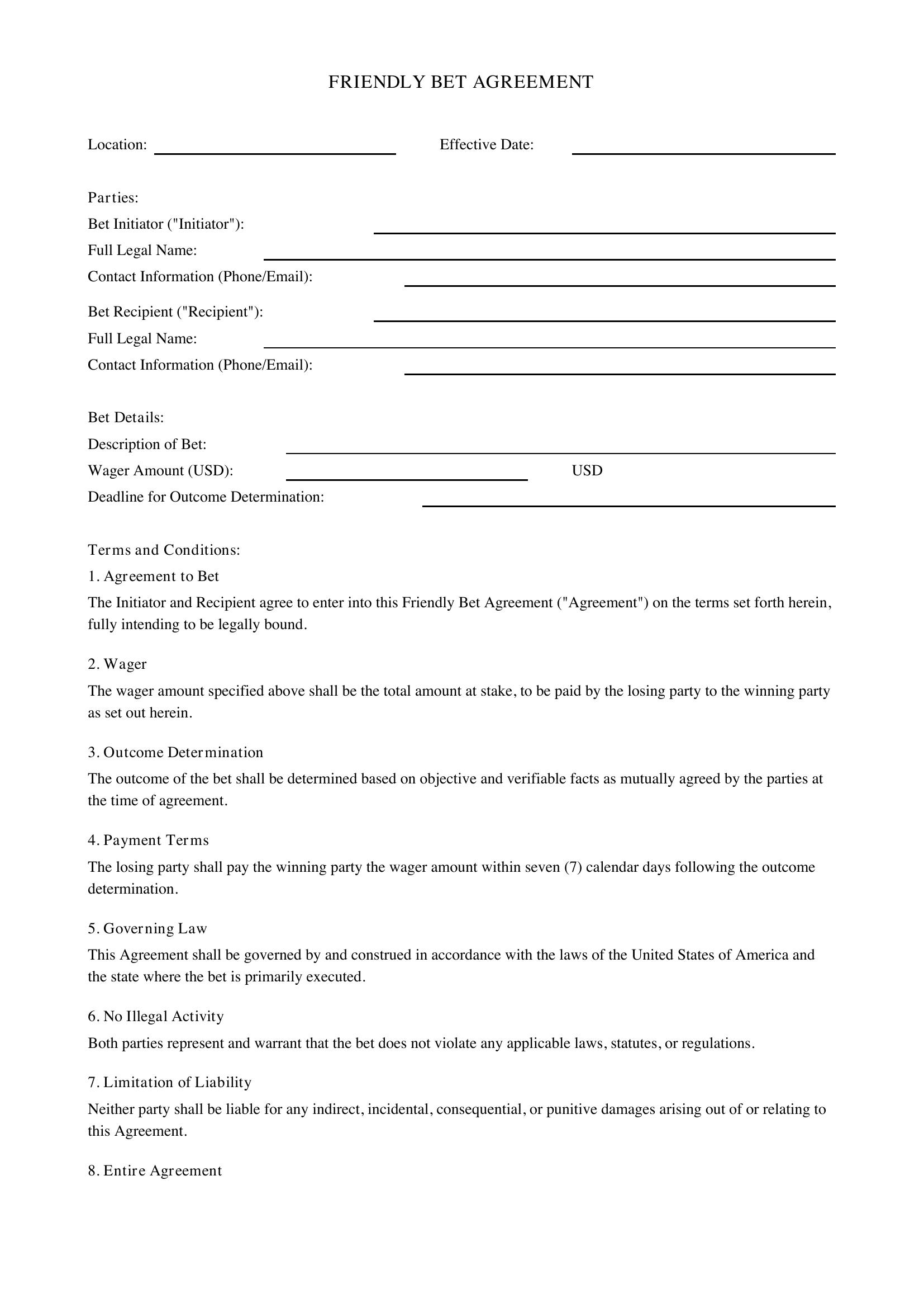 Friendly Bet Contract Template - US