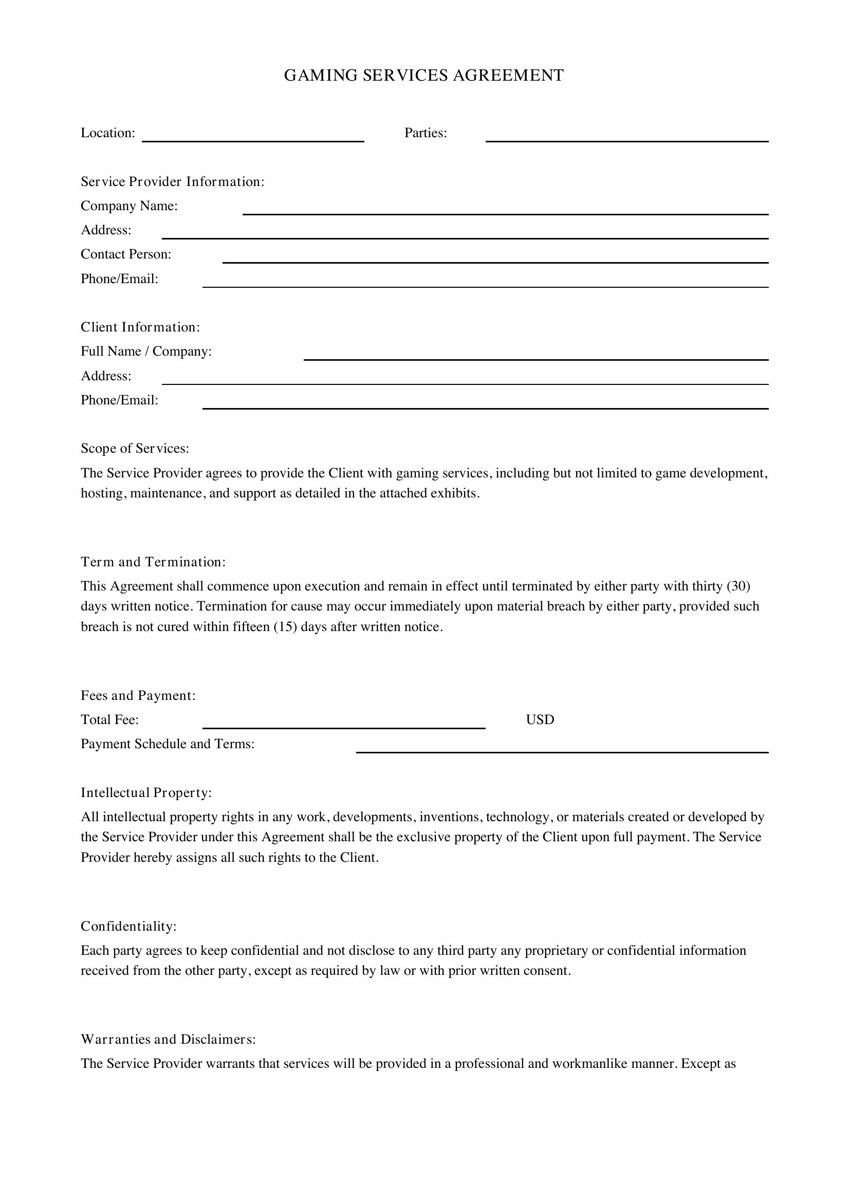 Gaming Contract Template - US