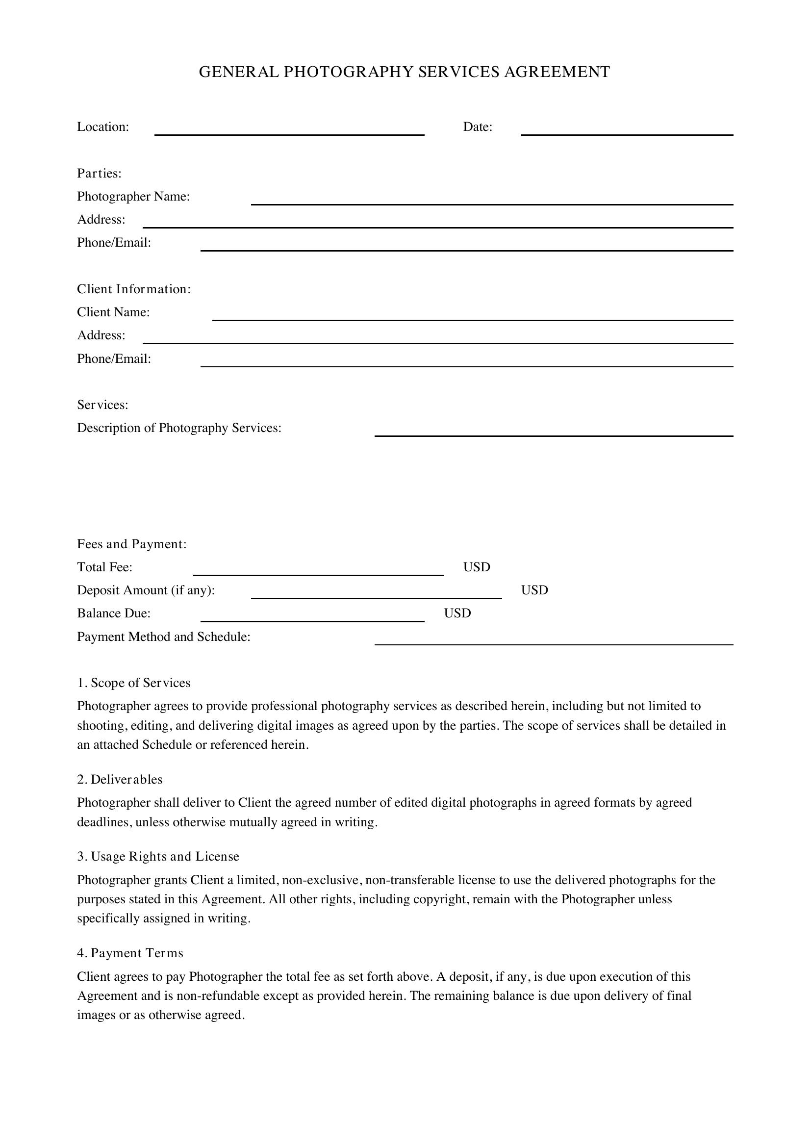 General Photography Contract Template - US
