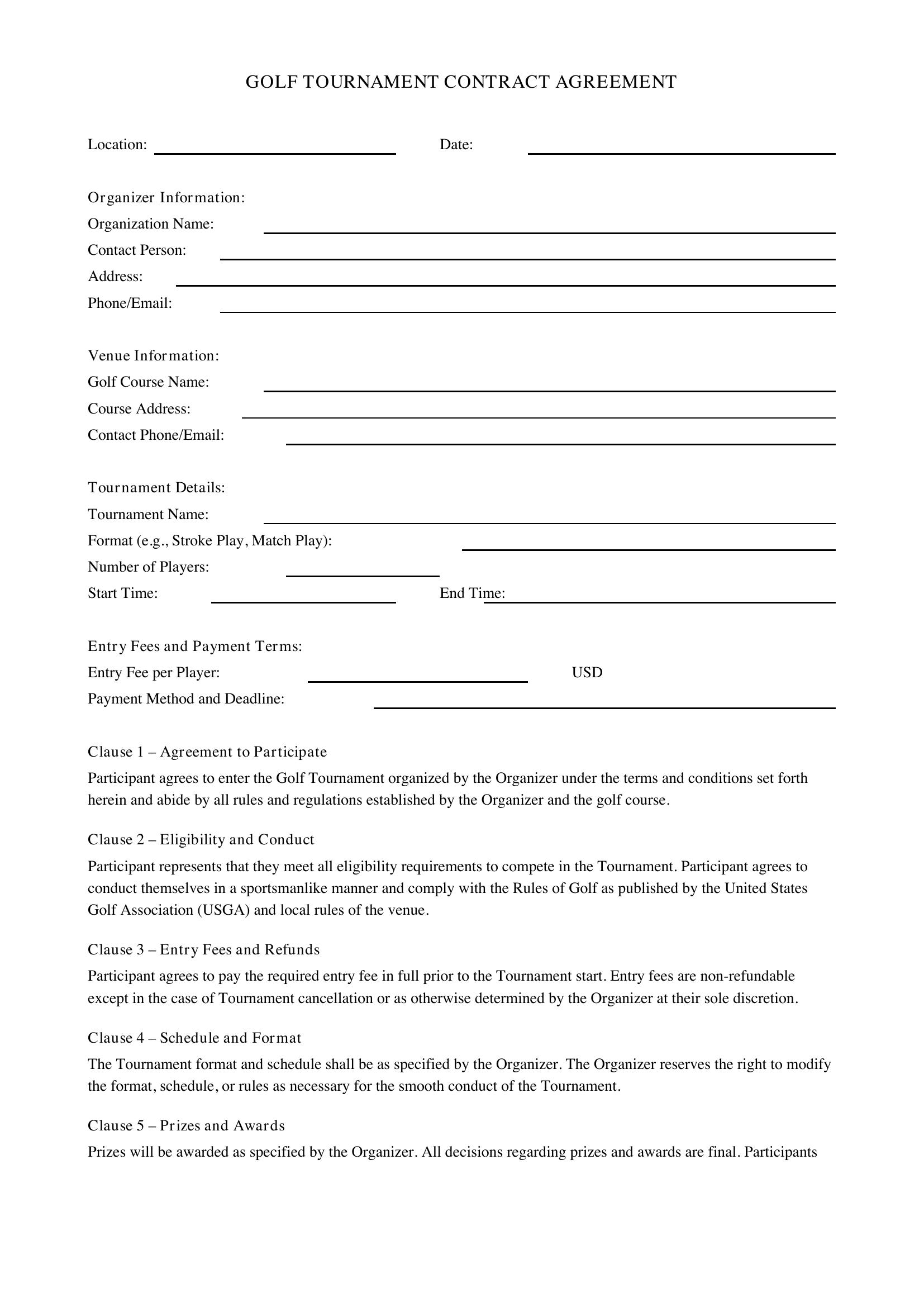 Golf Tournament Contract Template - US