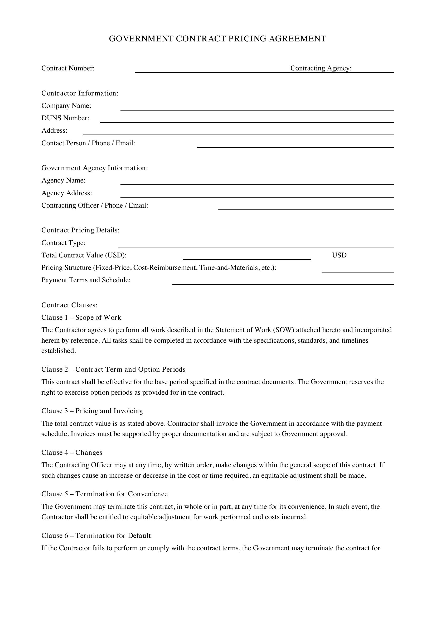 Government Contract Pricing Template - US