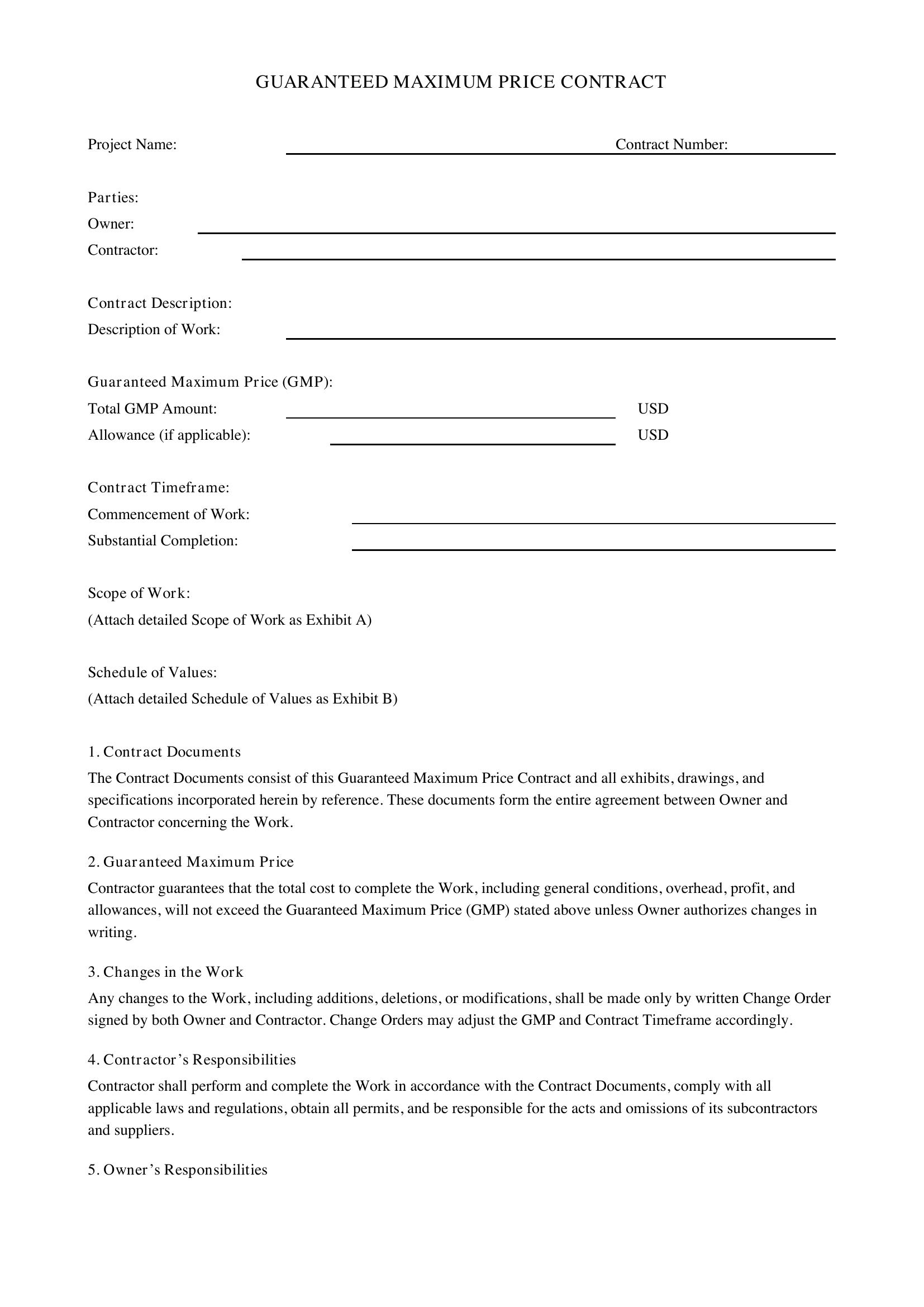 Guaranteed Maximum Price Contract Template - US
