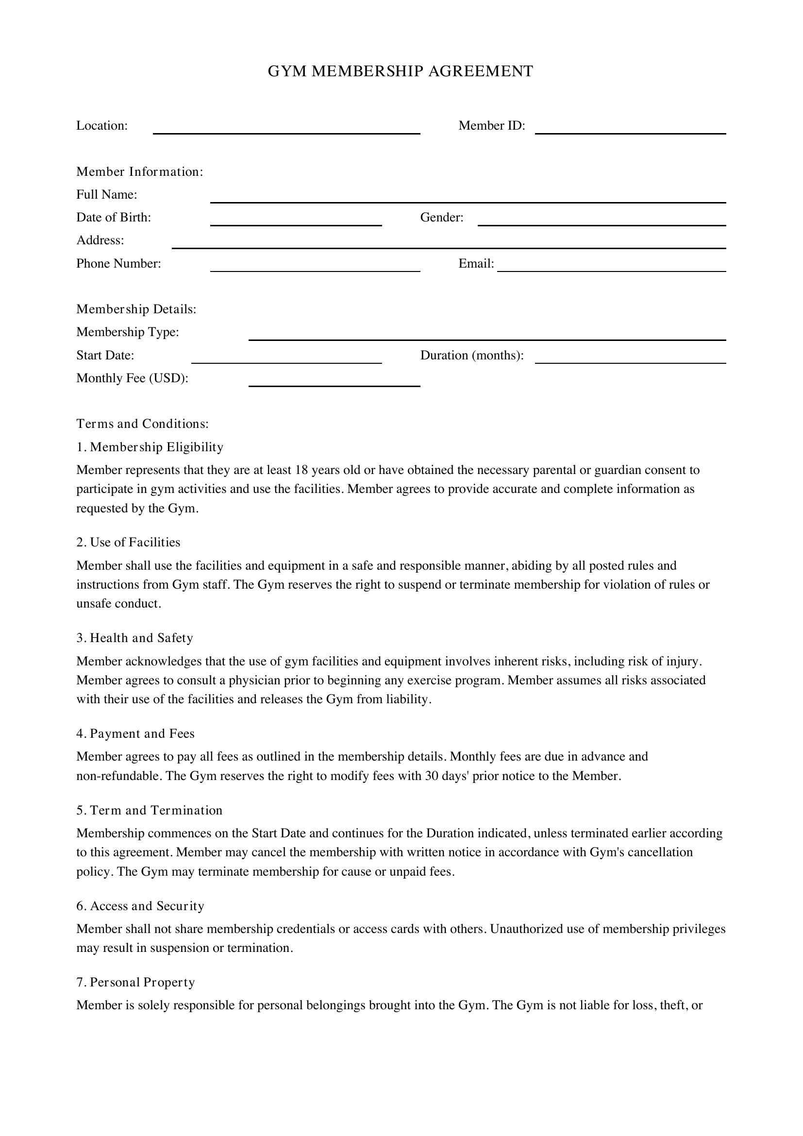 Gym Contract Template - US