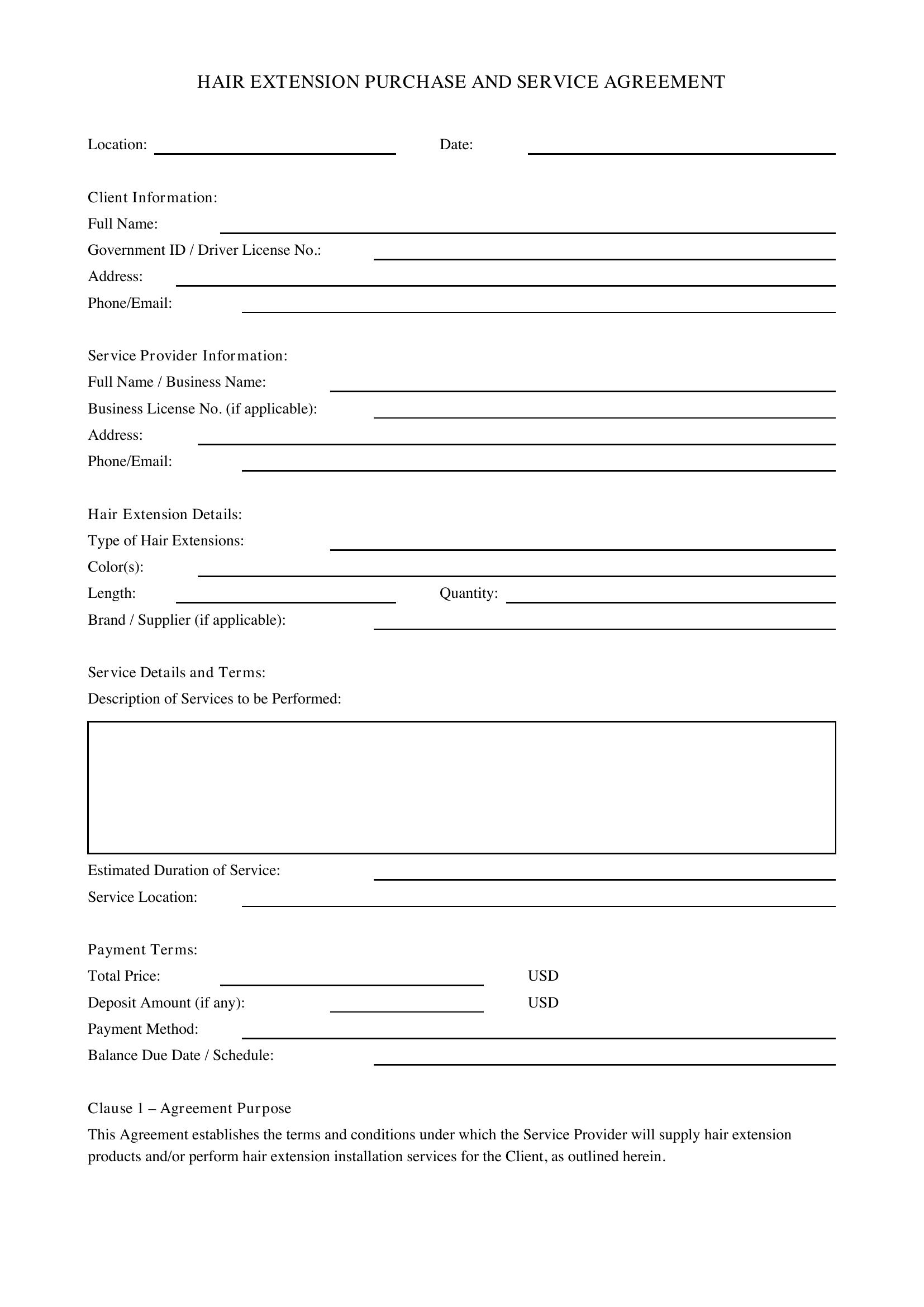 Hair Extension Contract Template - US