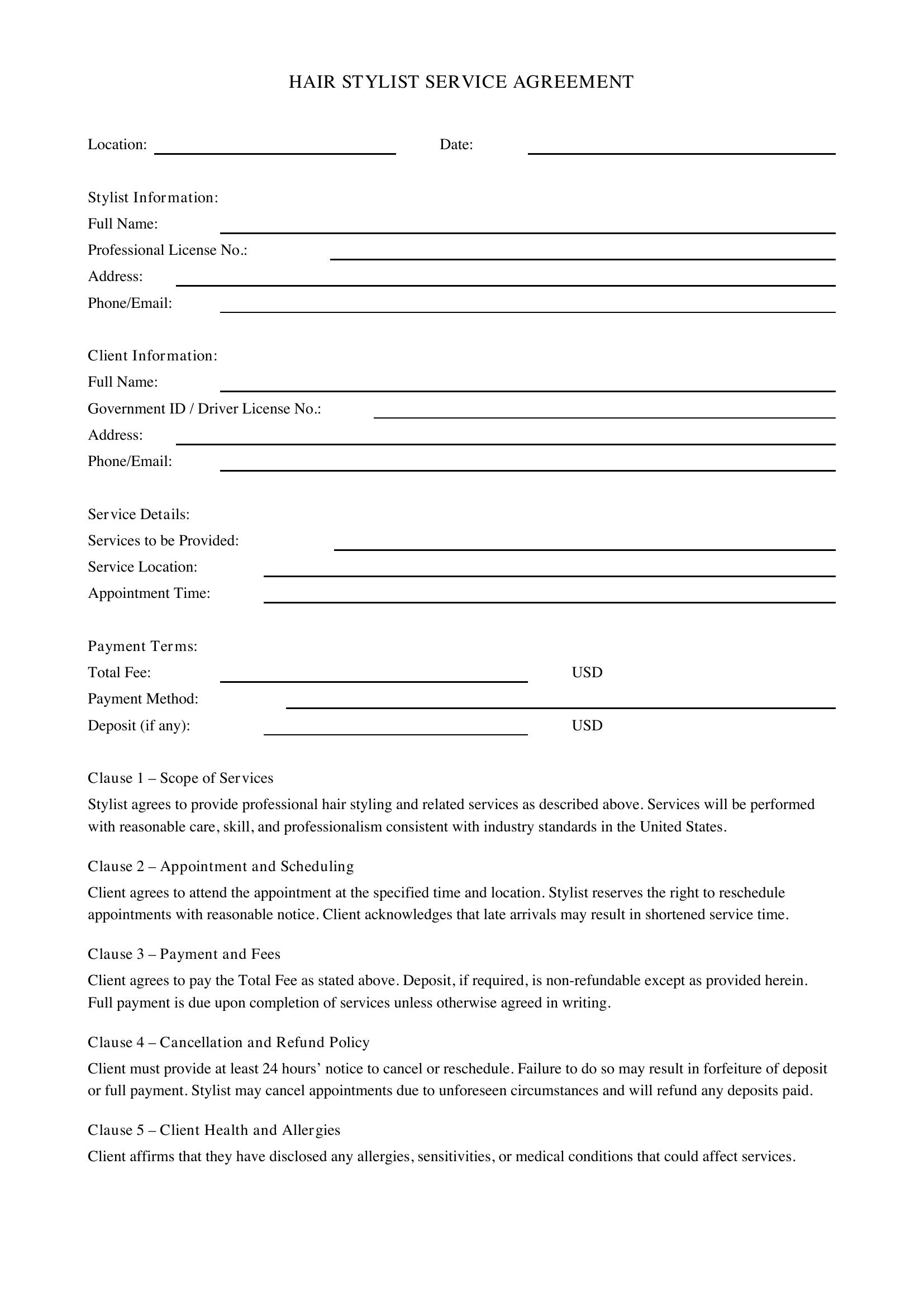 Hair Stylist Contract Template - US