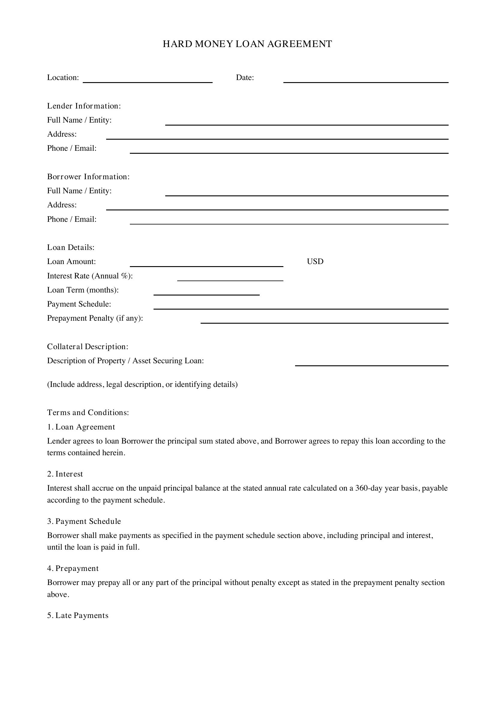 Hard Money Loan Contract Template - US