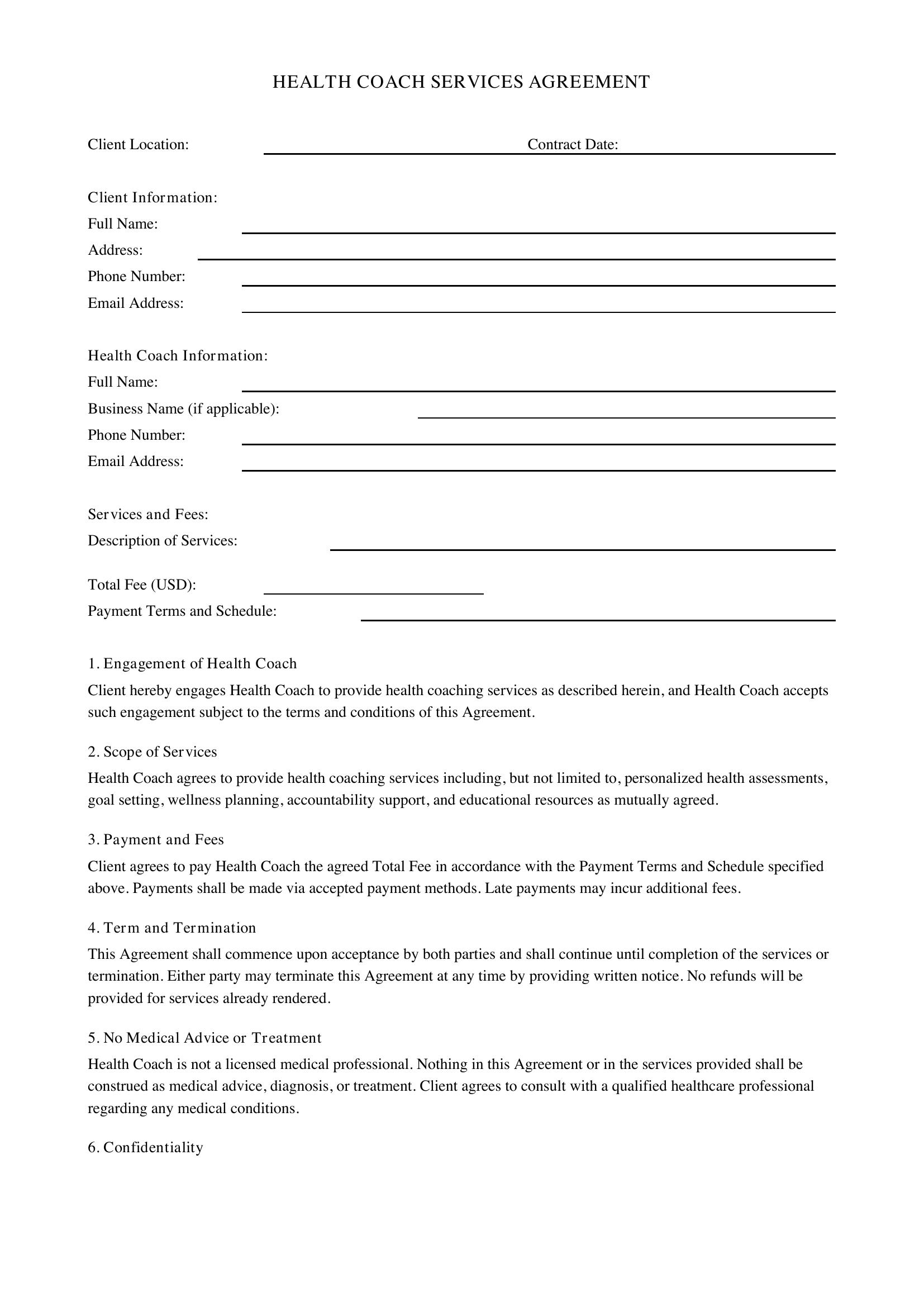 Health Coach Contract Template - US