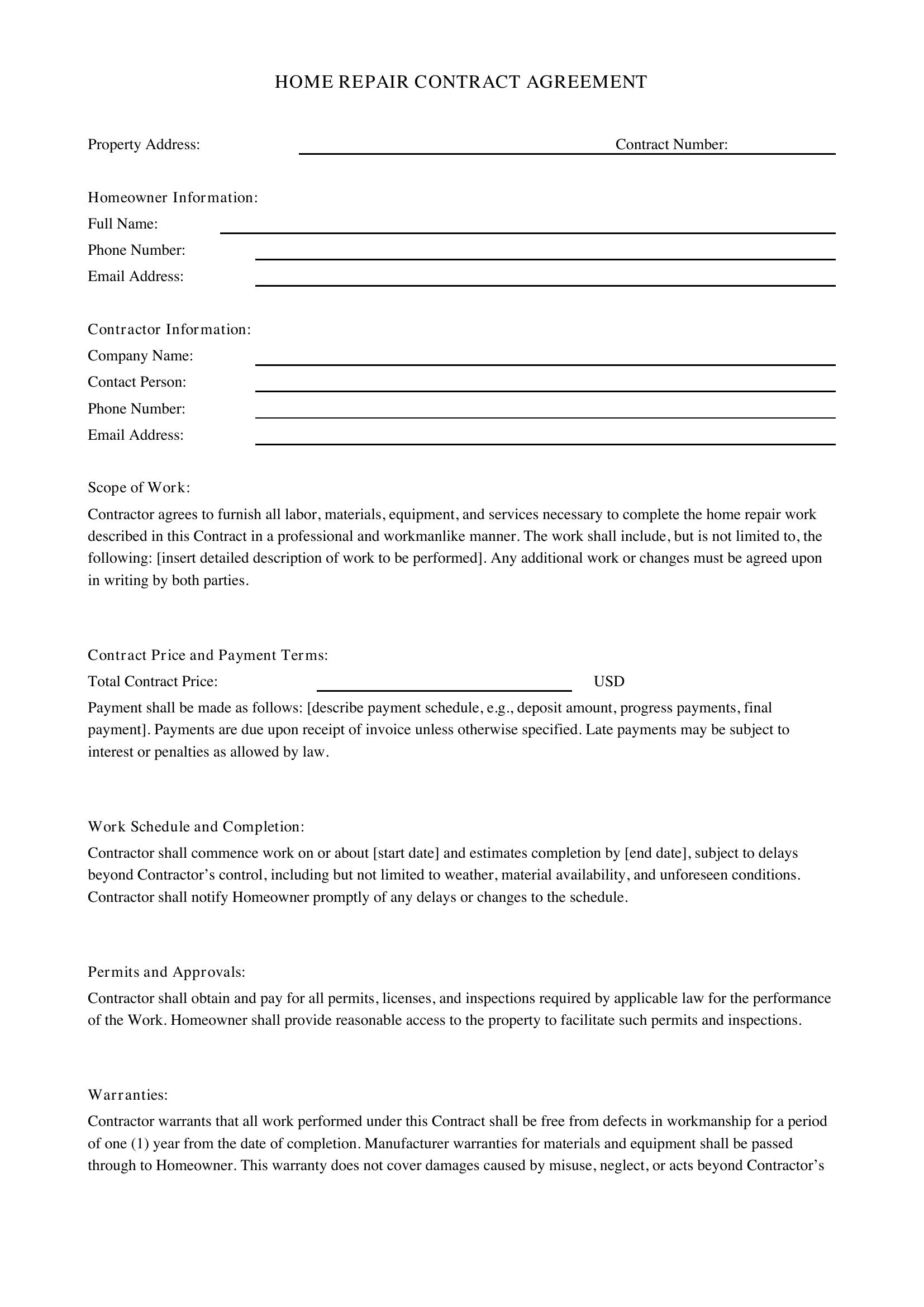 Home Repair Contract Template - US