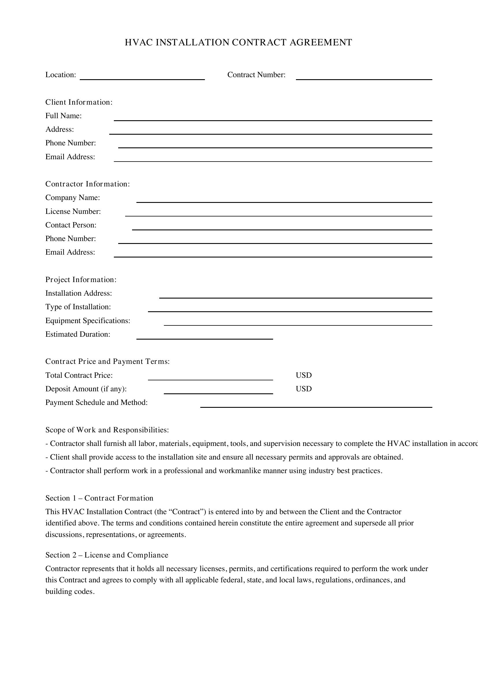 Hvac Installation Contract Template - US