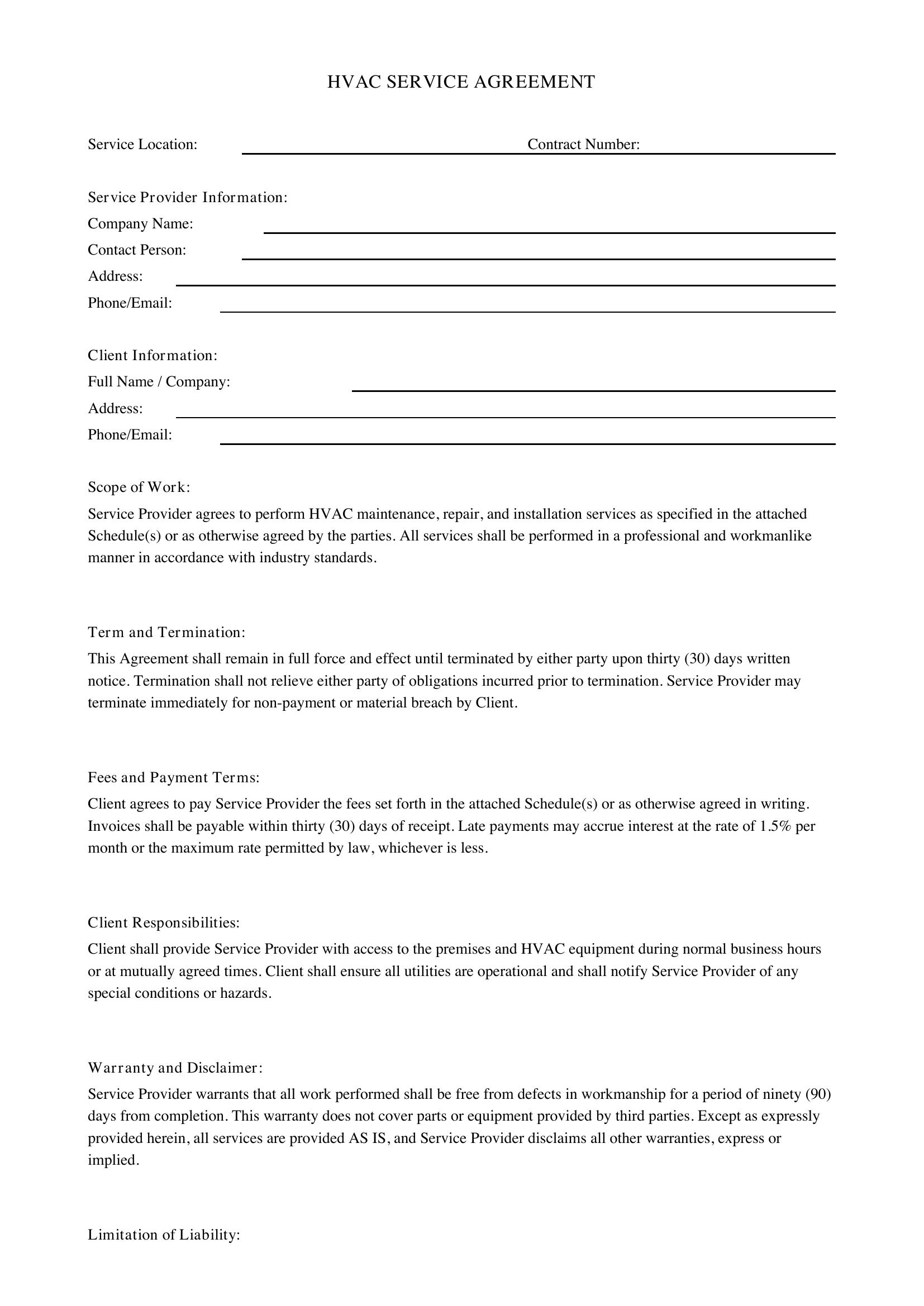 Hvac Service Contract Template - US