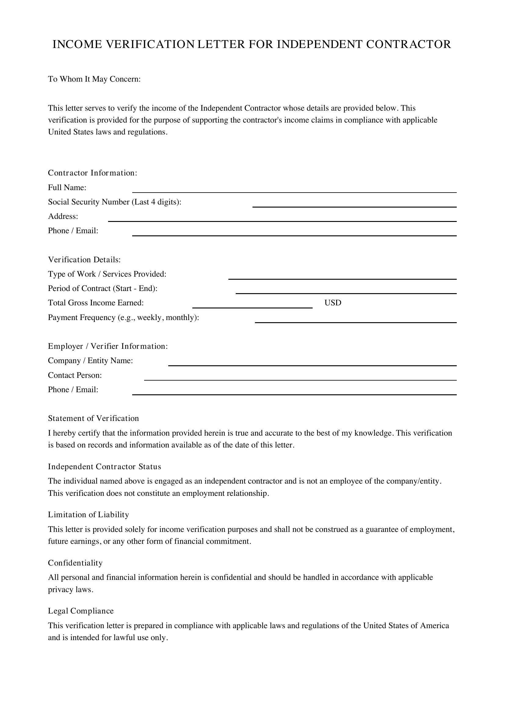 Income Verification Letter For Independent Contractor Template - US