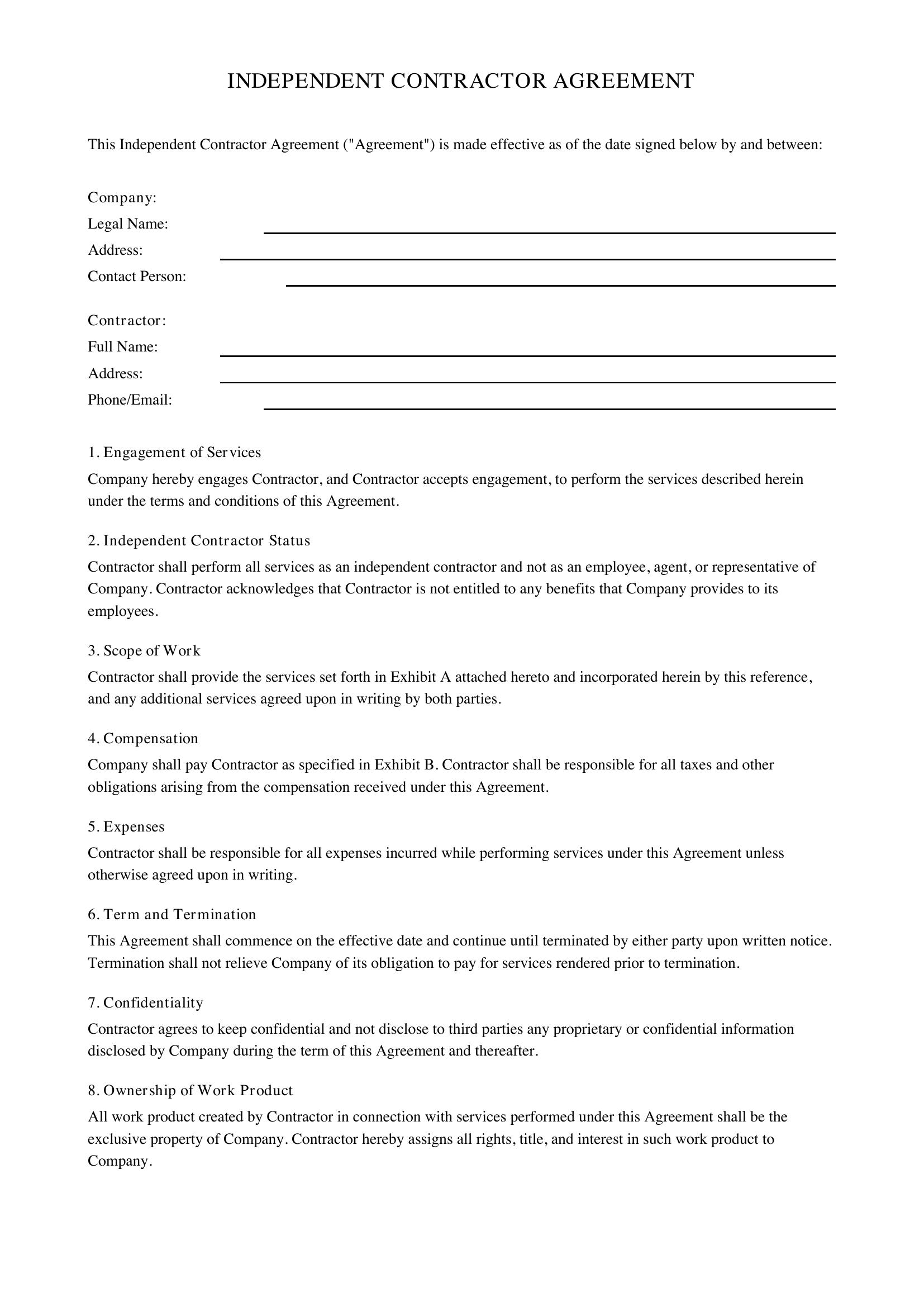 Independent Contractor Form Template - US