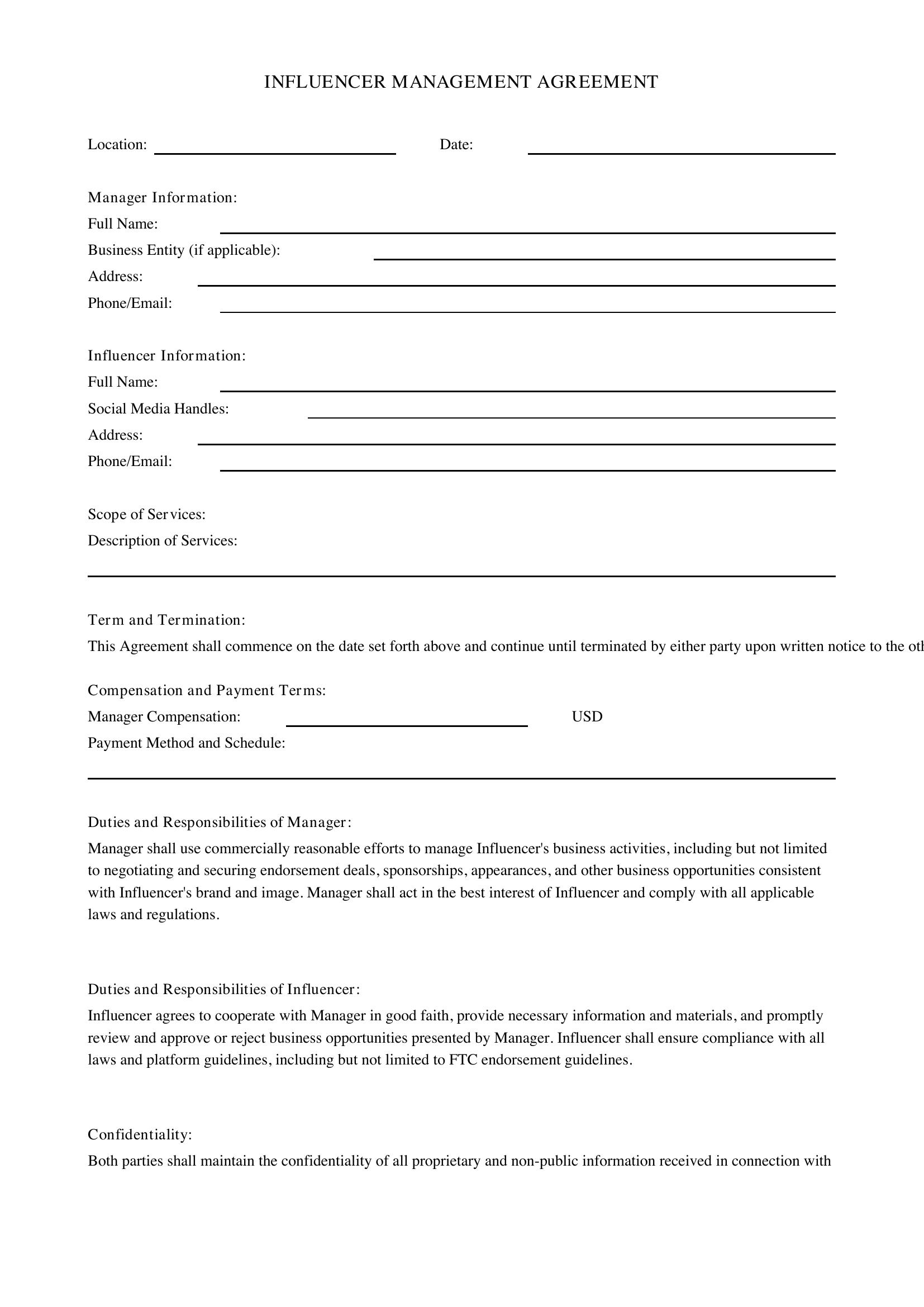 Influencer Management Contract Template - US
