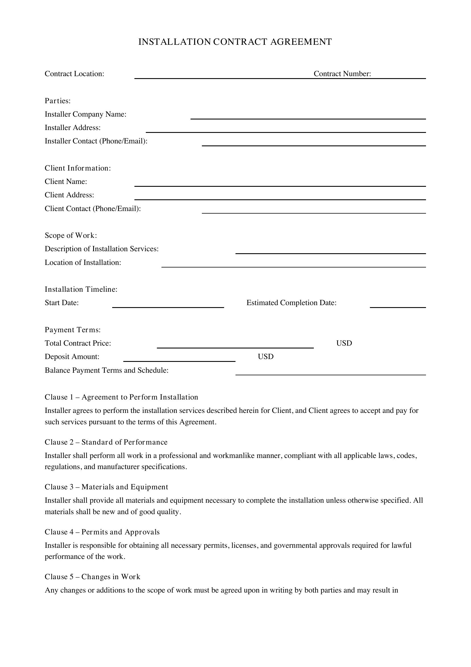 Installation Contract Template - US