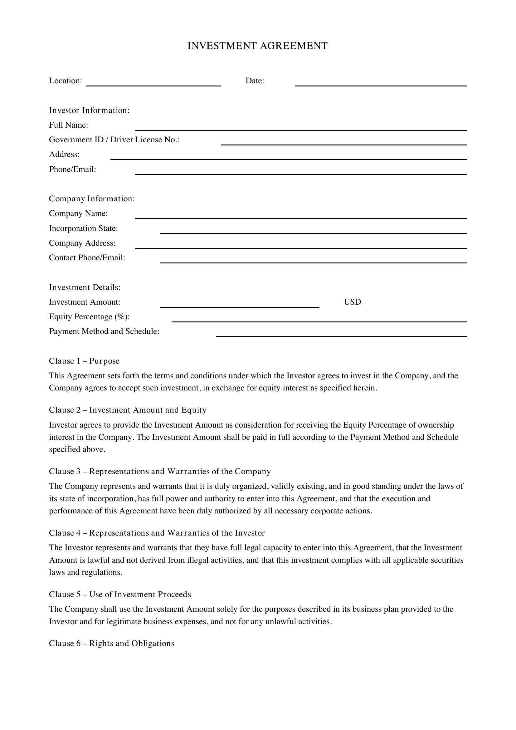 Investment Contract Template - US