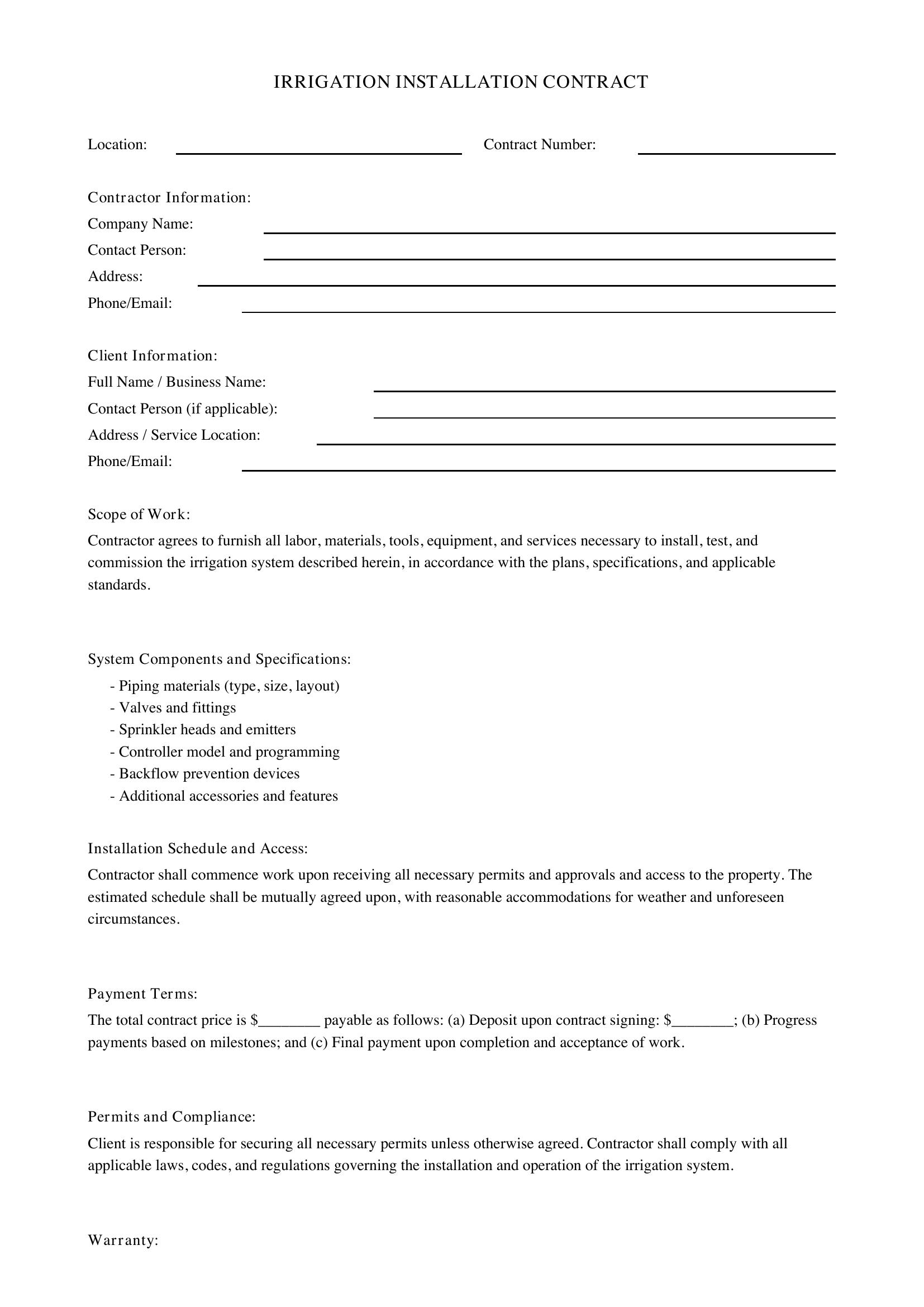 Irrigation Installation Contract Template - US