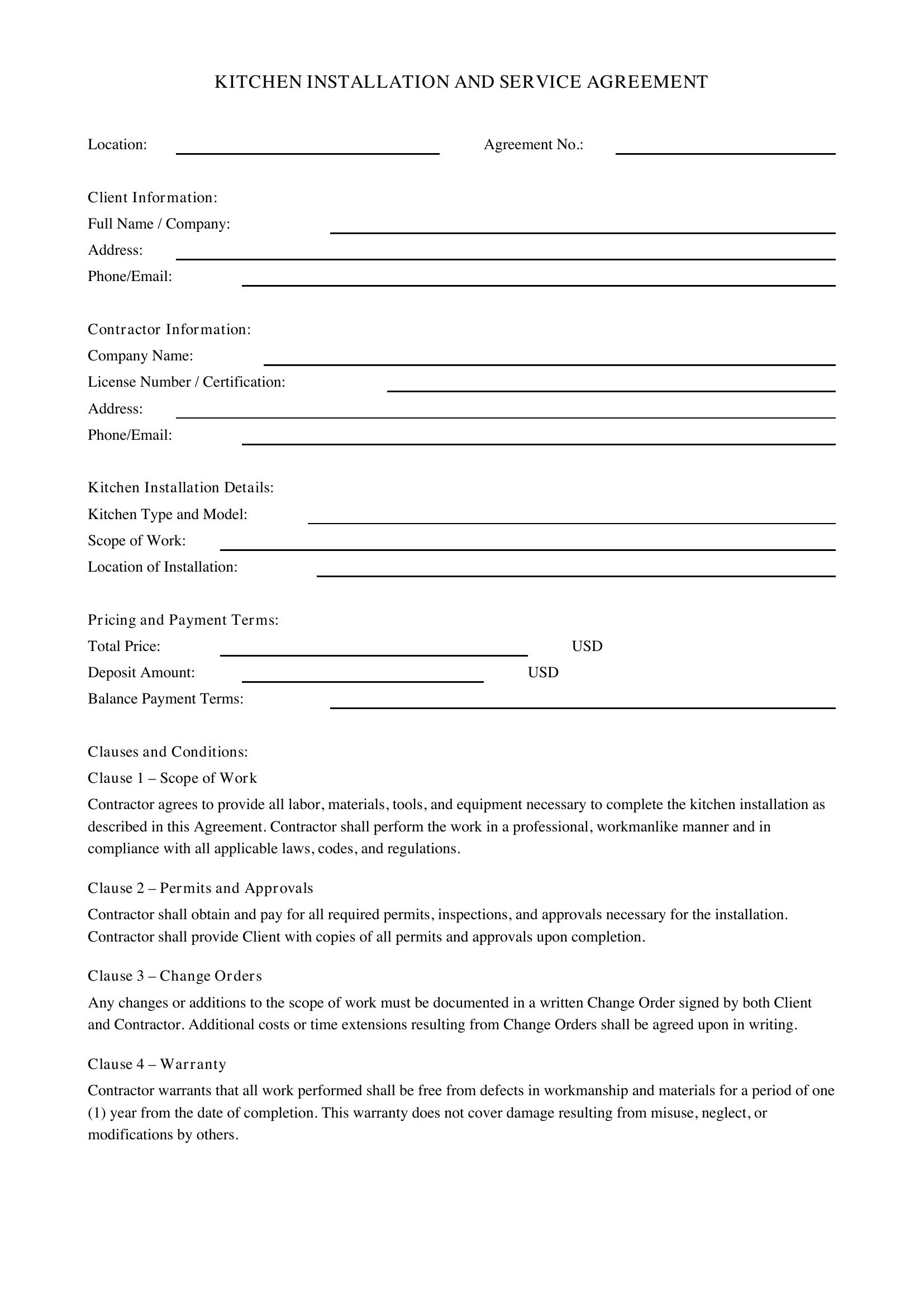 Kitchen Contract Template - US