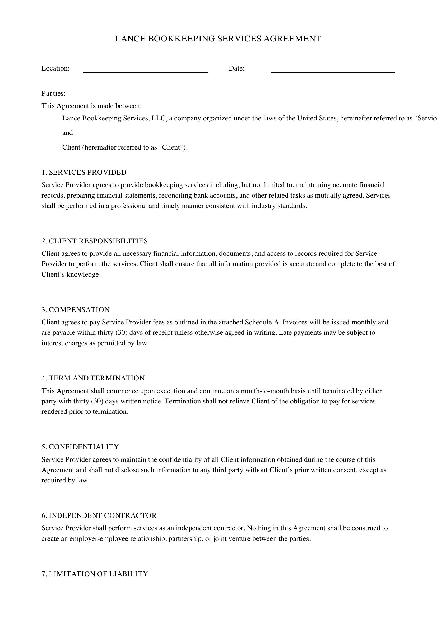 Lance Bookkeeping Contract Template - US