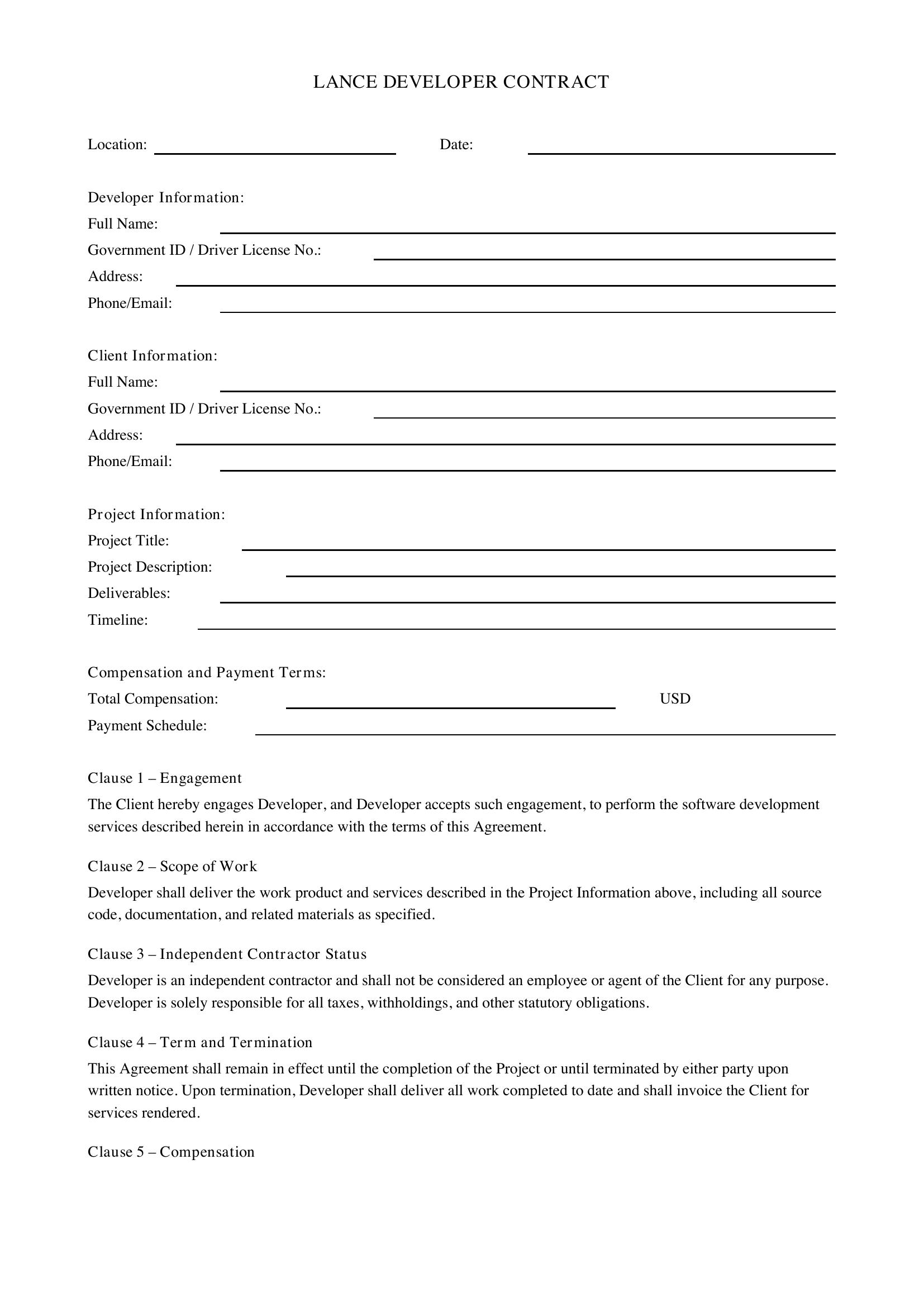 Lance Developer Contract Template - US