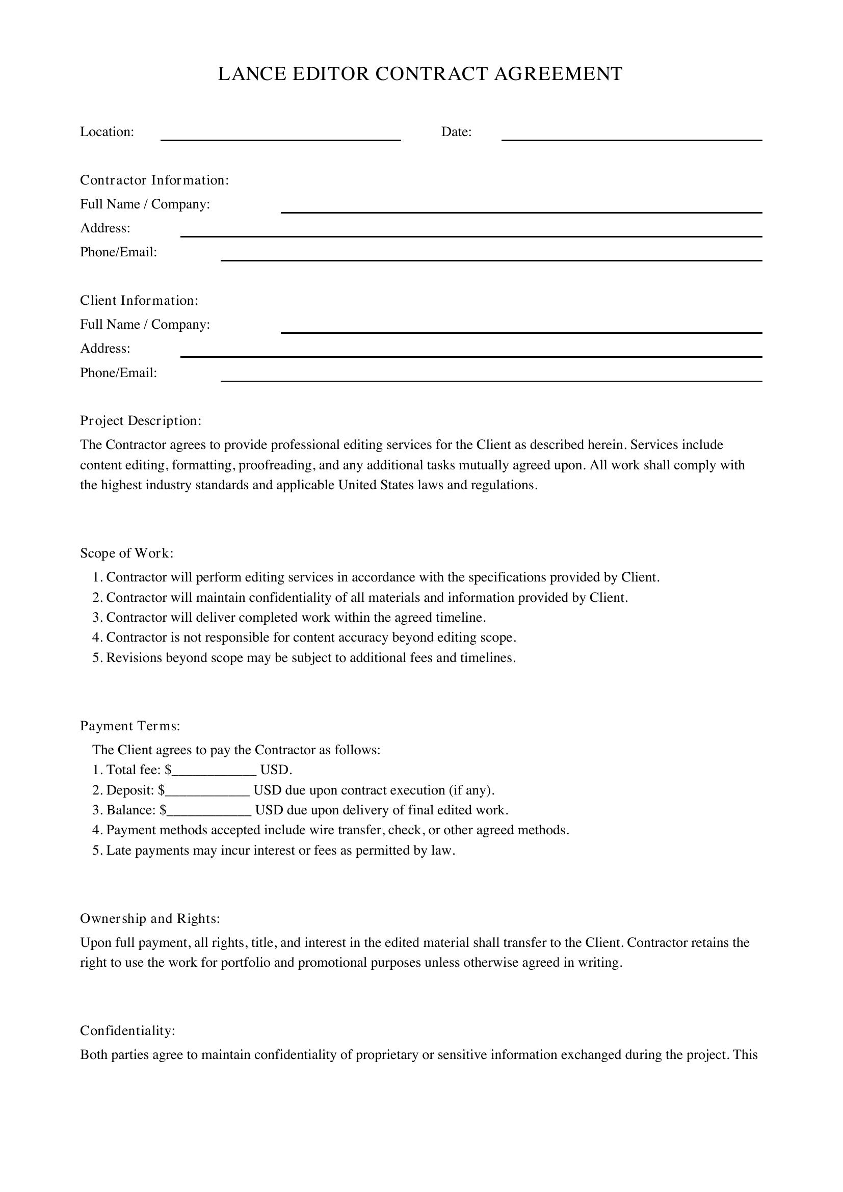 Lance Editor Contract Template - US