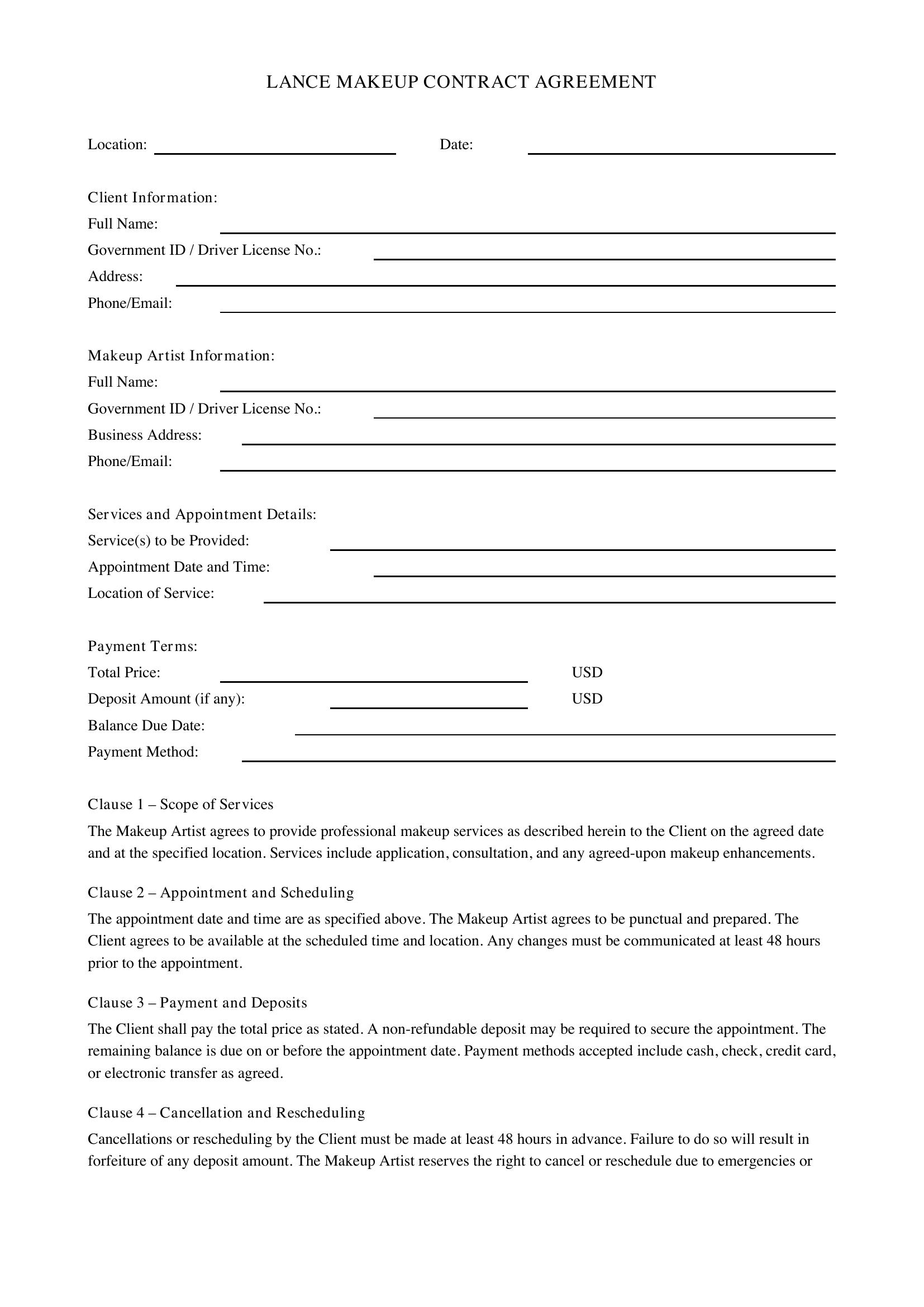 Lance Makeup Contract Template - US