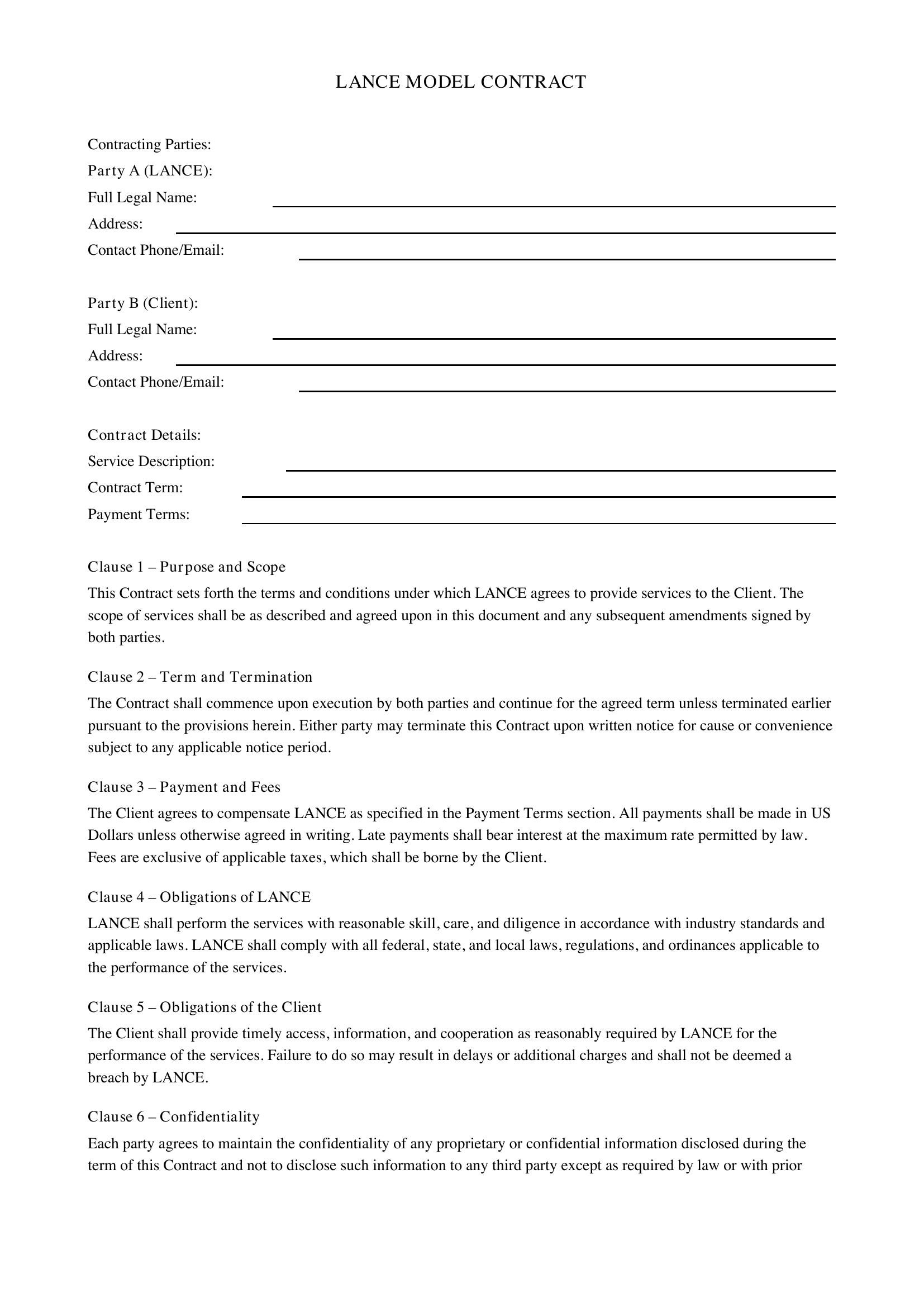 Lance Model Contract Template - US