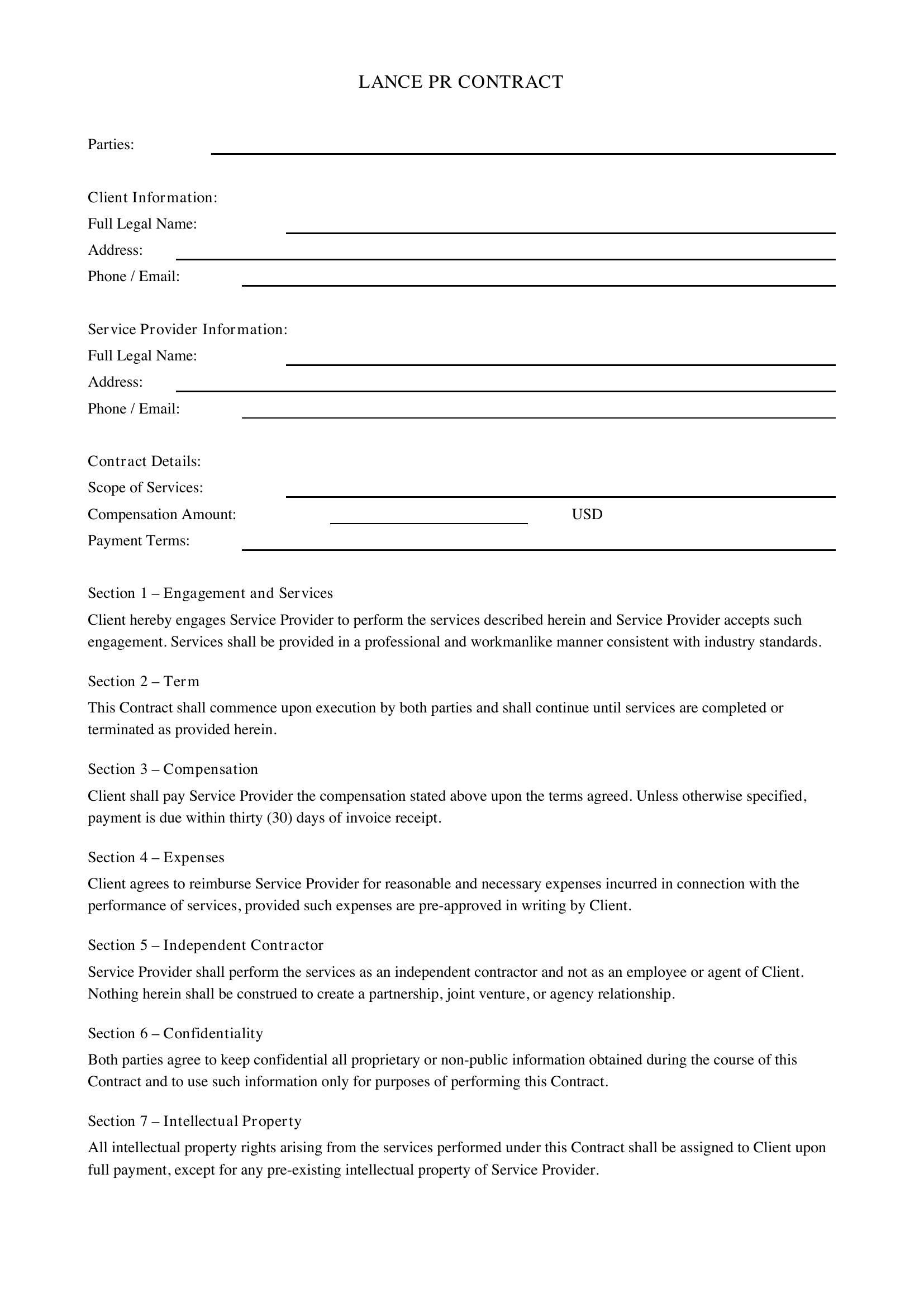 Lance Pr Contract Template - US