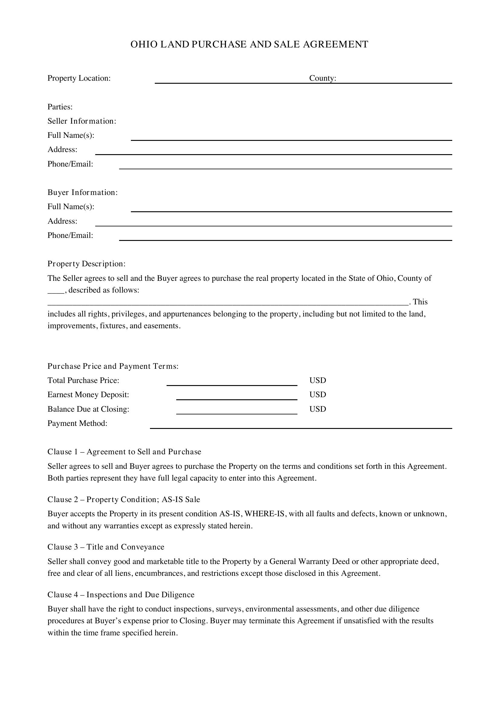 Land Contract Ohio Template - US