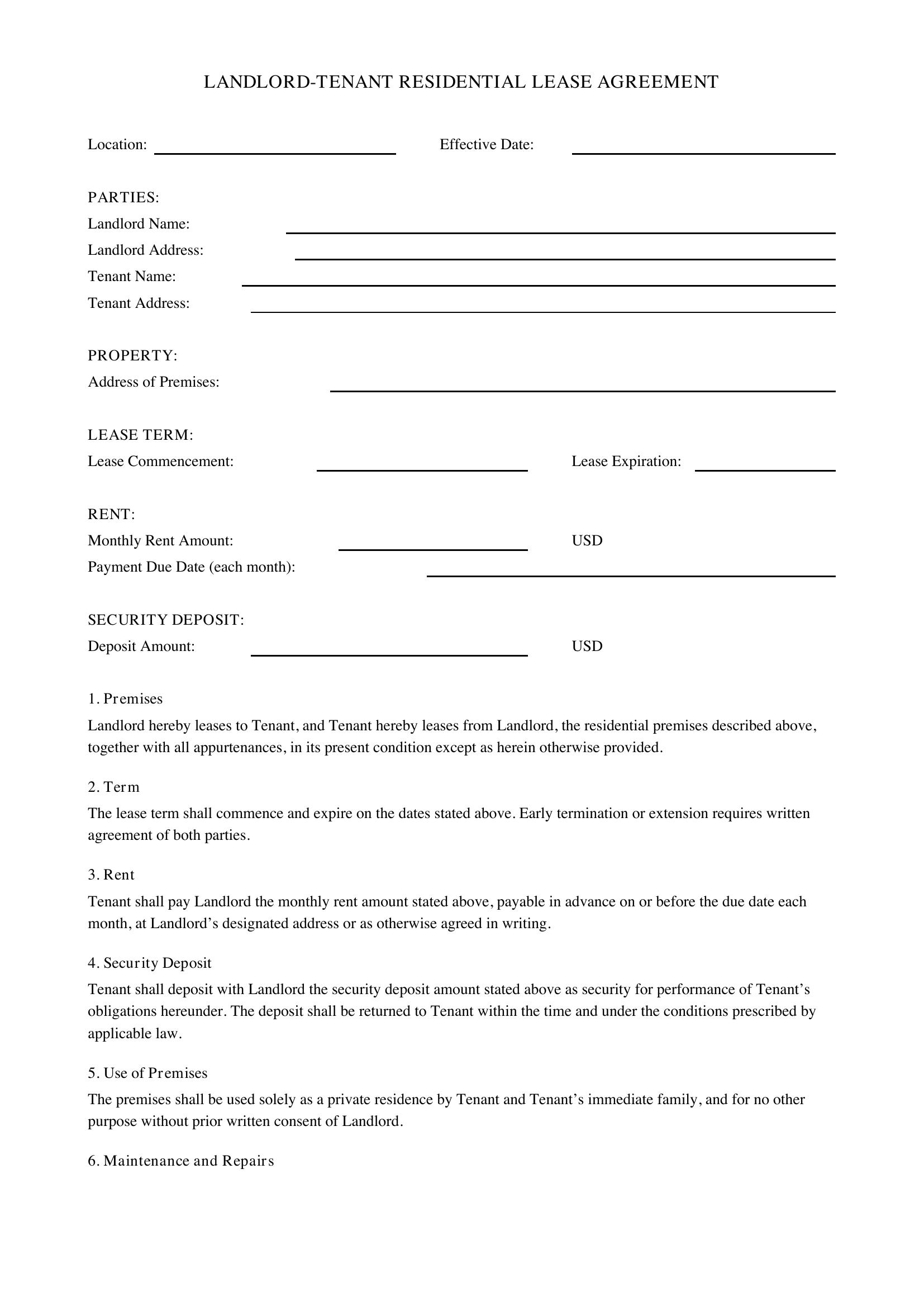 Landlord Tenant Contract Template - US