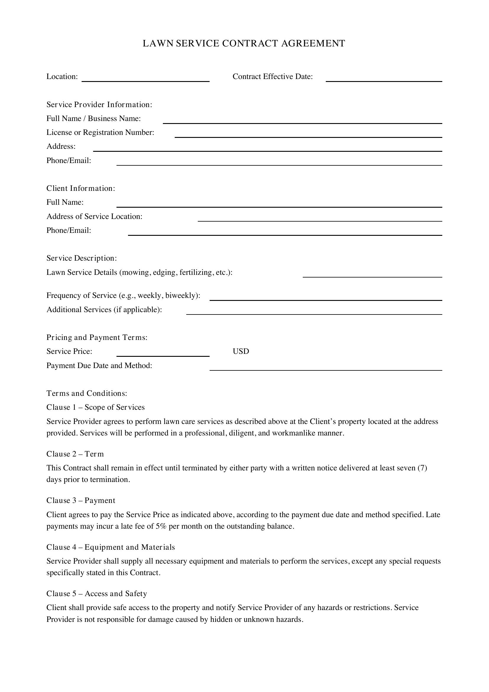 Lawn Service Contract Template - US