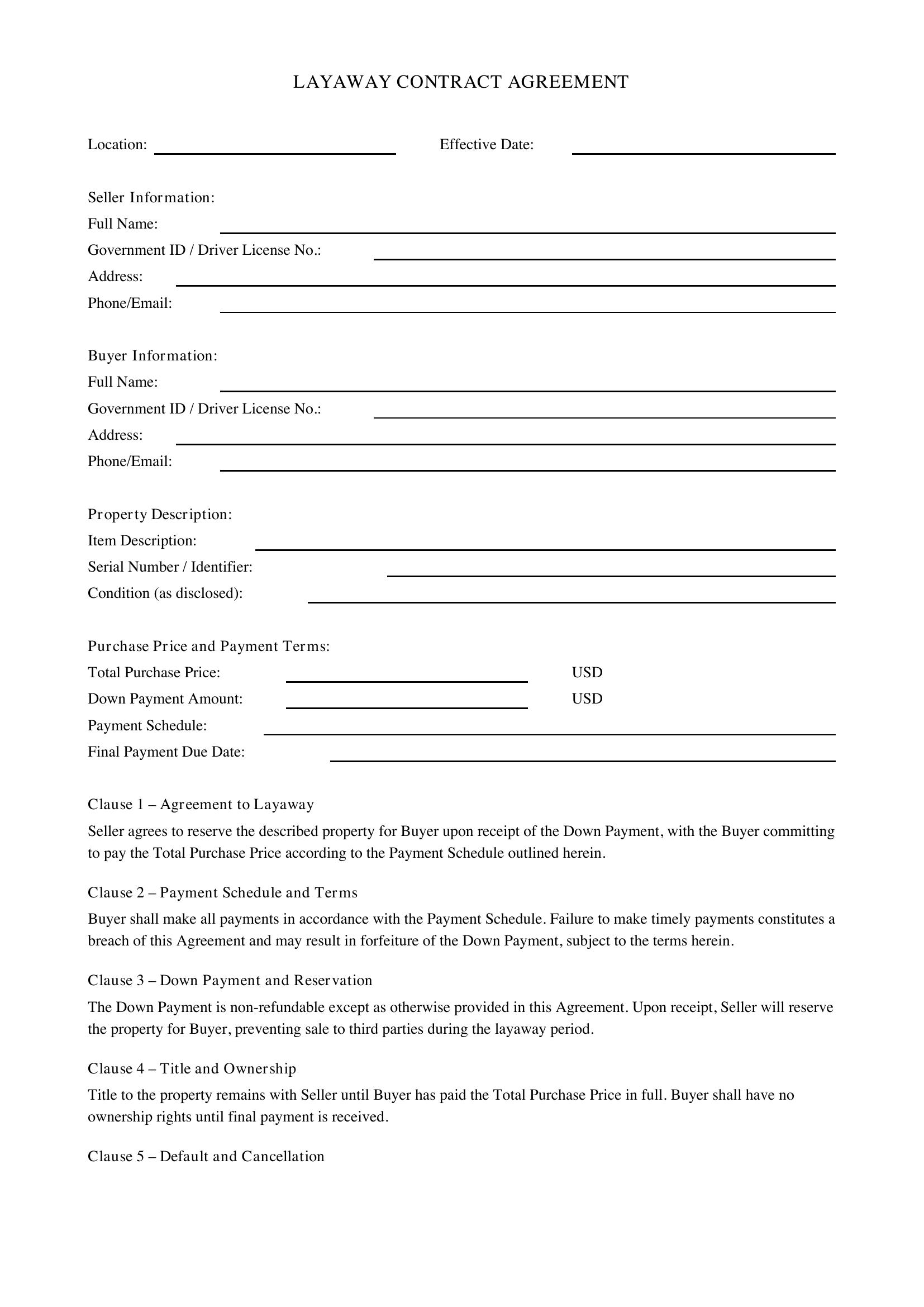 Layaway Contract Template - US