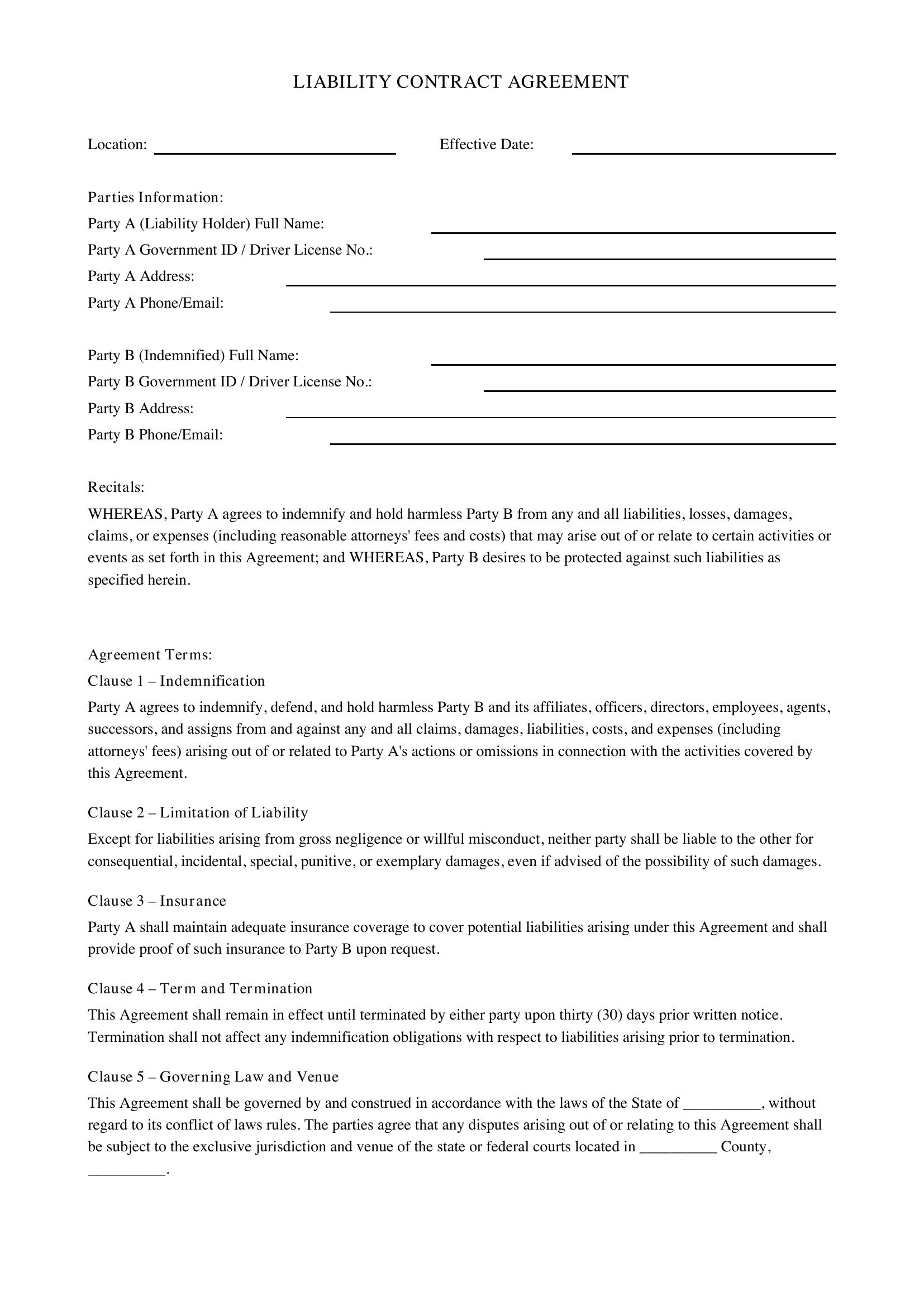 Liability Contract Template - US