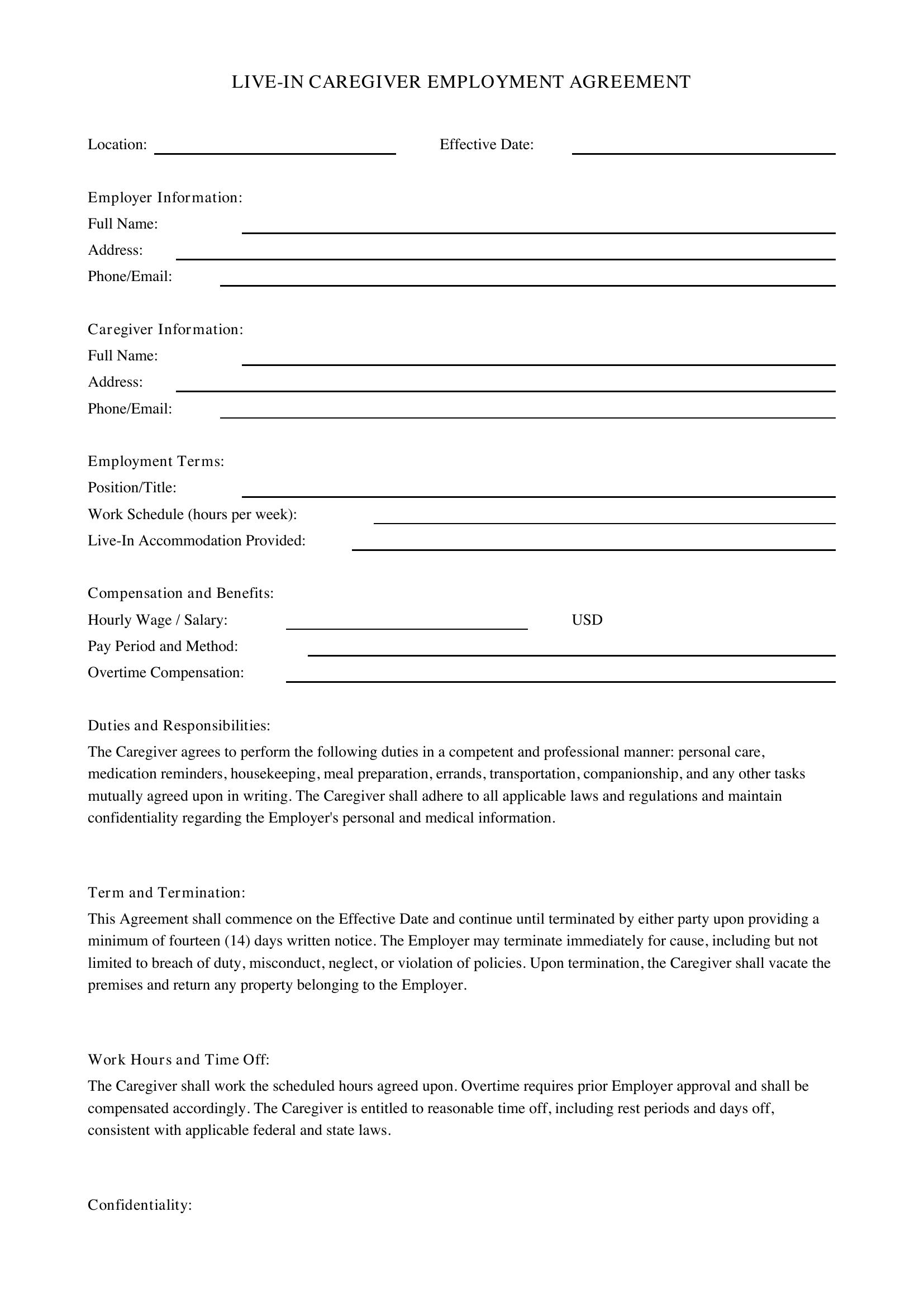 Live In Caregiver Contract Template - US
