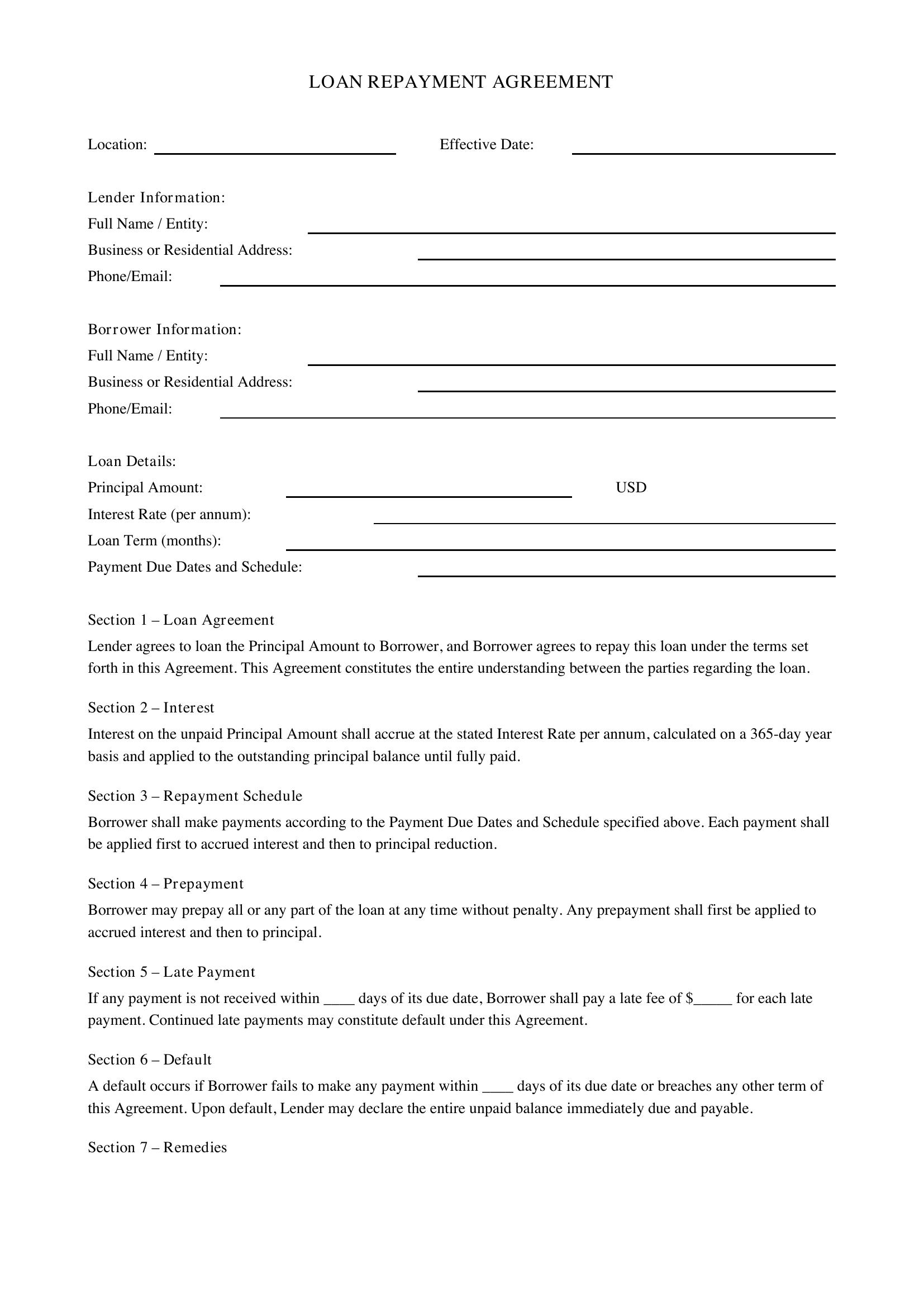 Loan Repayment Contract Template - US