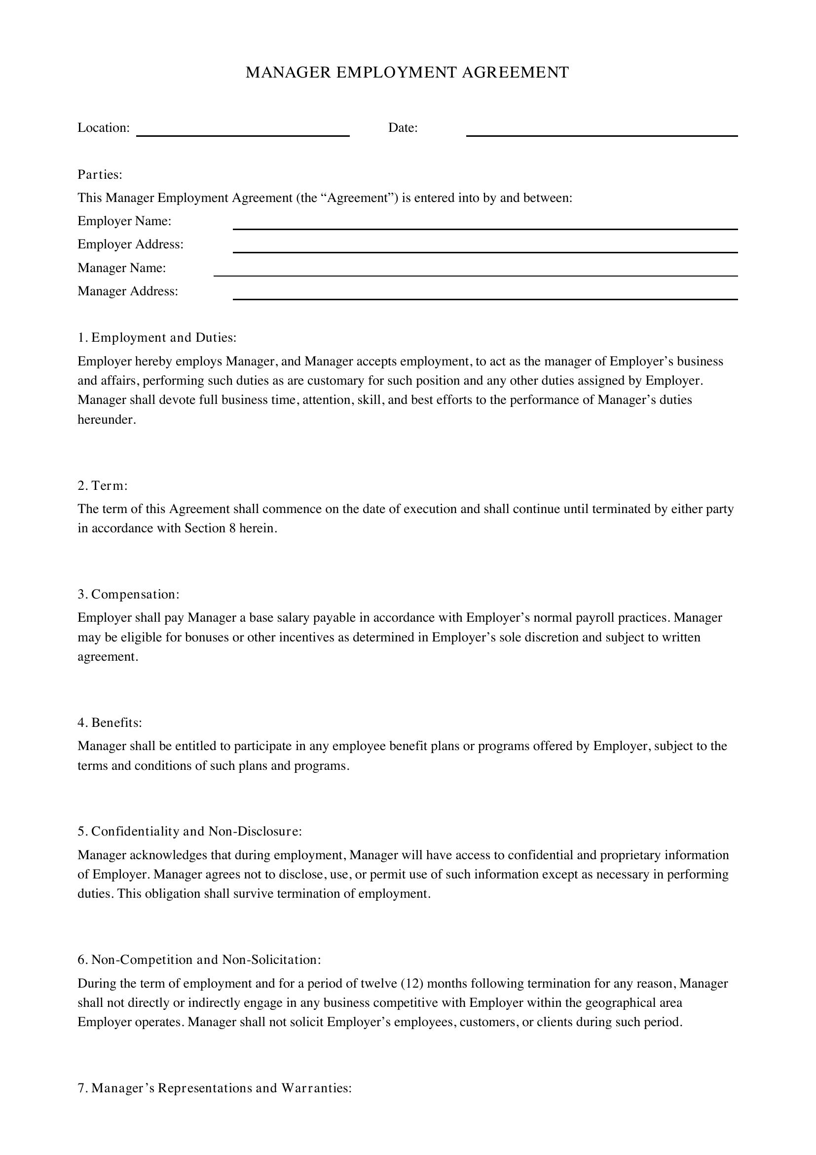 Manager Contract Template - US