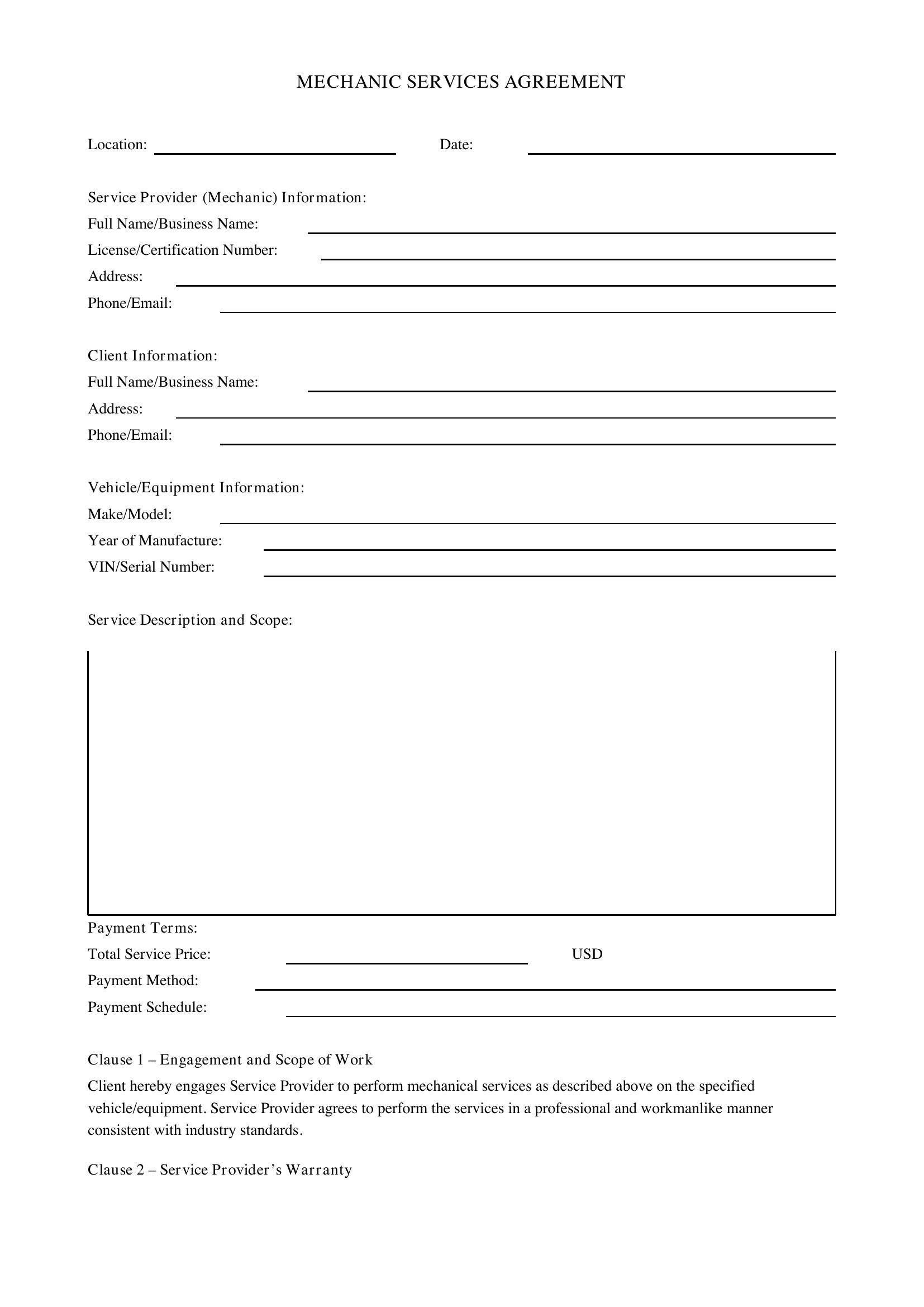 Mechanic Contract Template - US