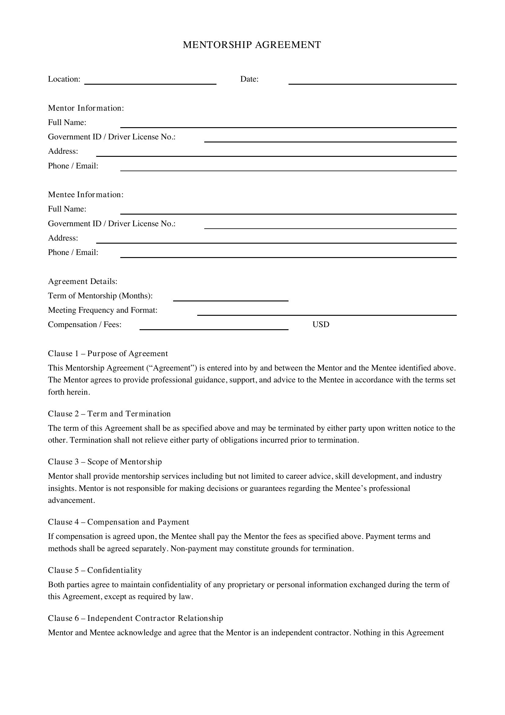 Mentorship Contract Template - US