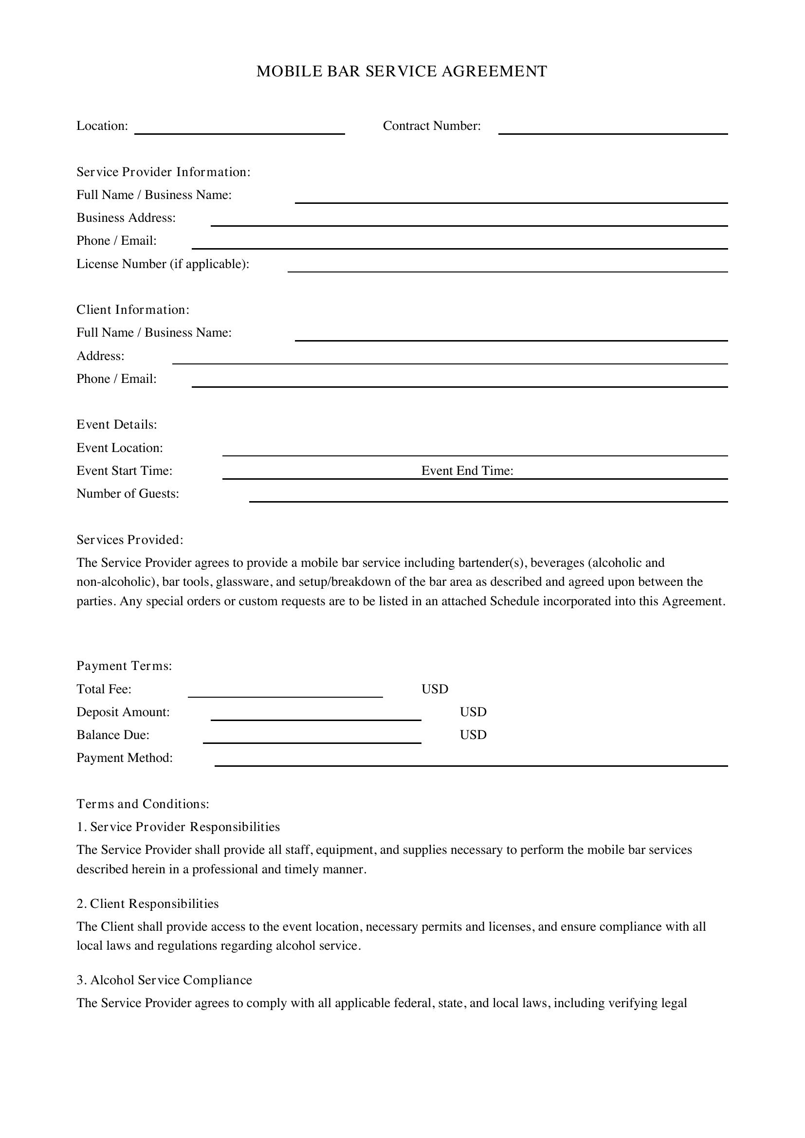 Mobile Bar Contract Template - US