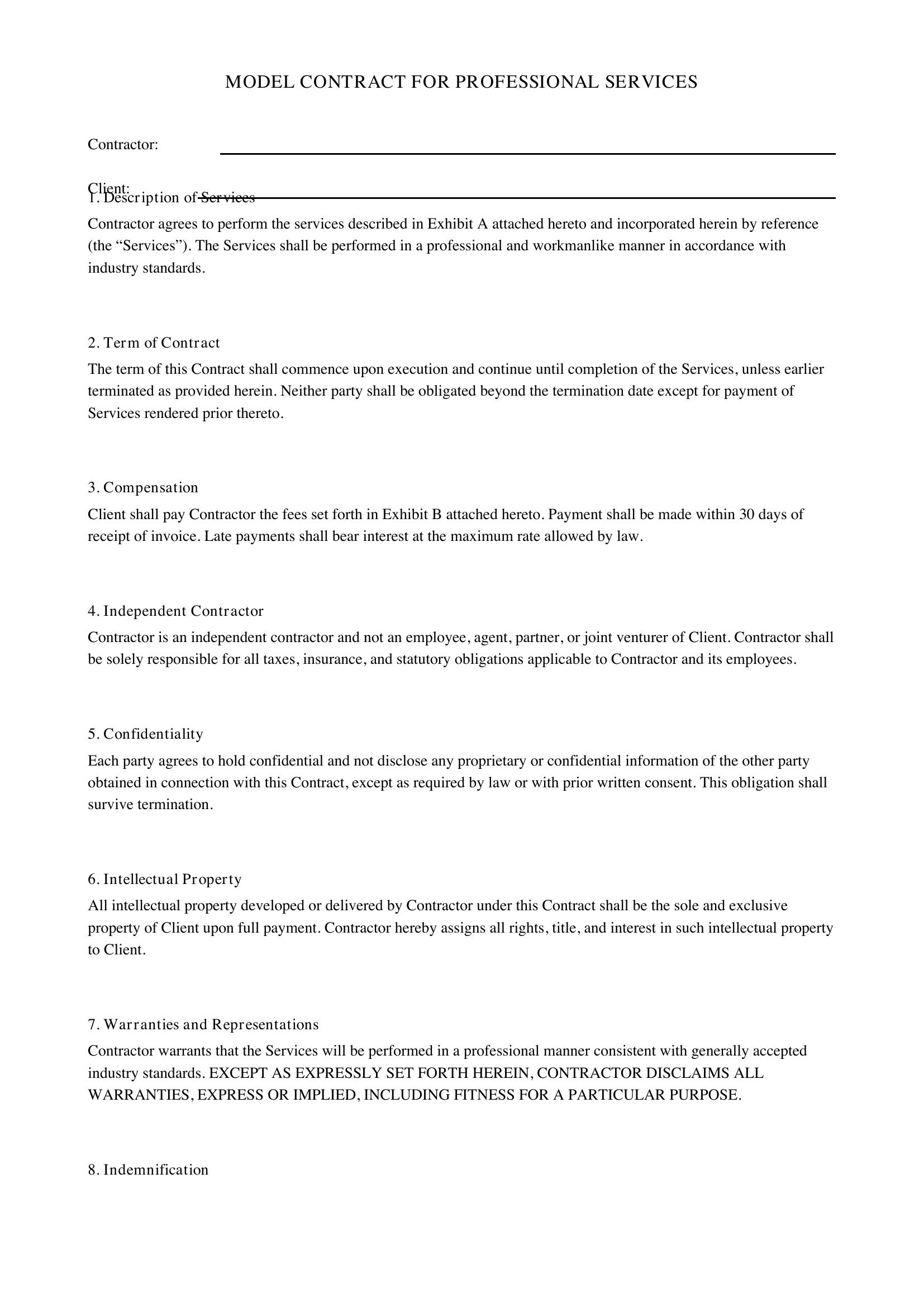 Model Contract Template - US