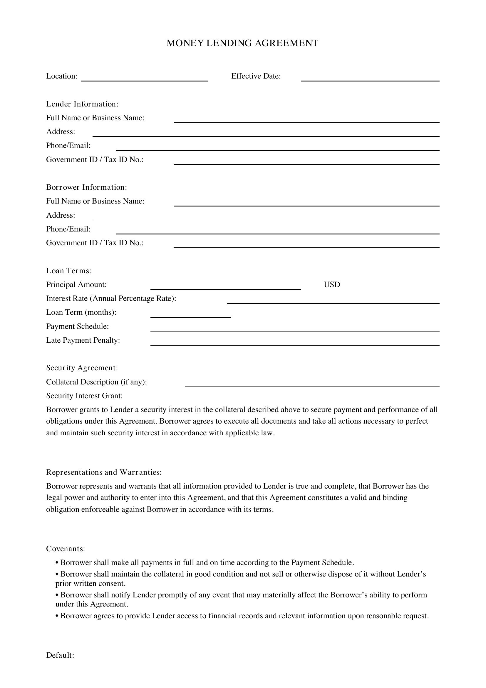 Money Lending Contract Template - US